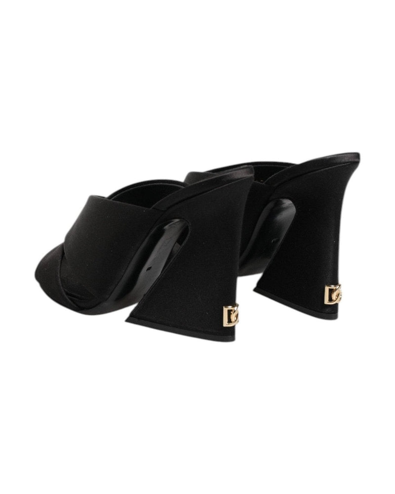 Dolce & Gabbana Black Satin Logo Keira Slides Sandals Shoes Heels