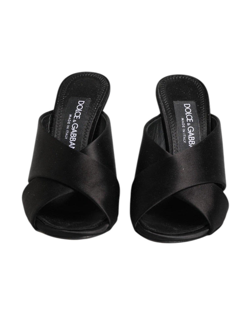 Dolce & Gabbana Black Satin Logo Keira Slides Sandals Shoes Heels