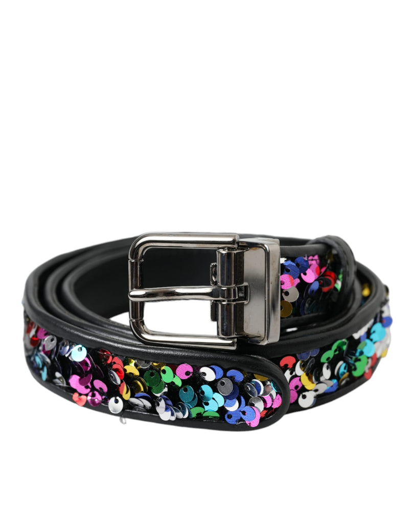 Dolce & Gabbana Black Sequined Silver Metal Buckle Belt Glam Steals