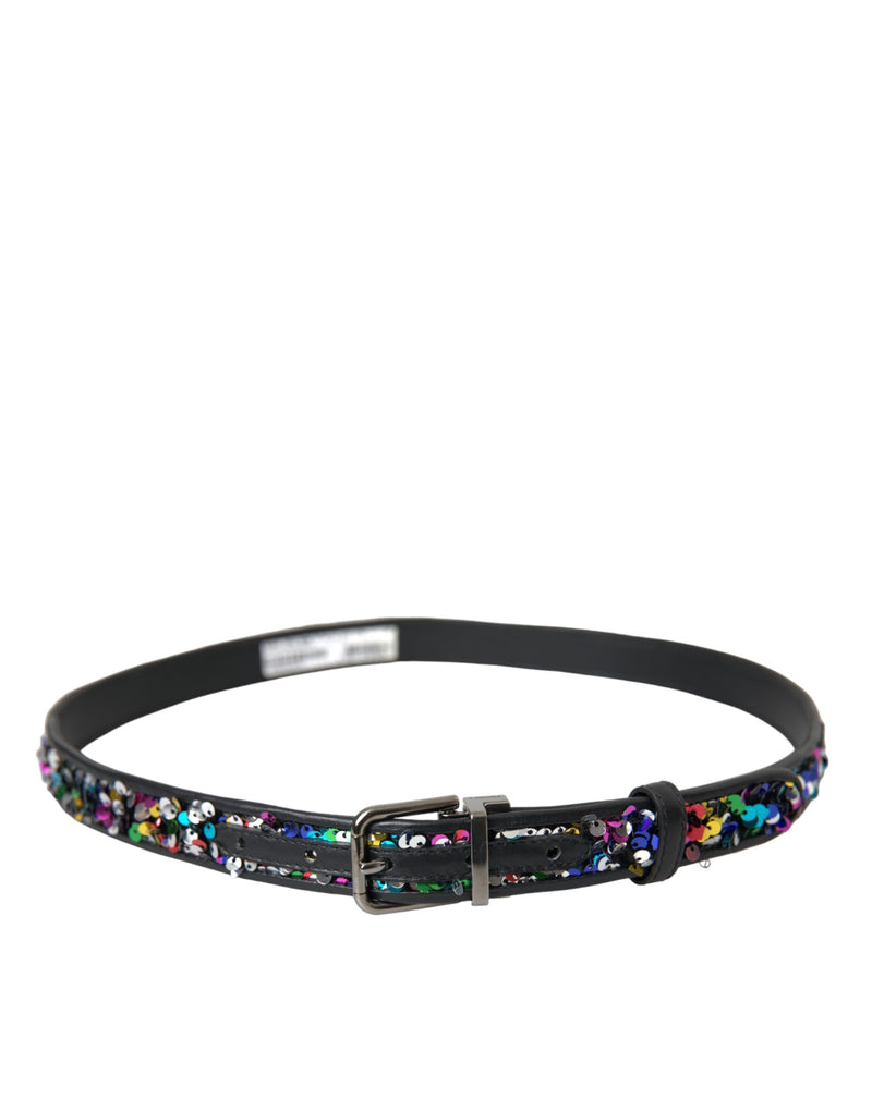 Dolce & Gabbana Black Sequined Silver Metal Buckle Belt Glam Steals