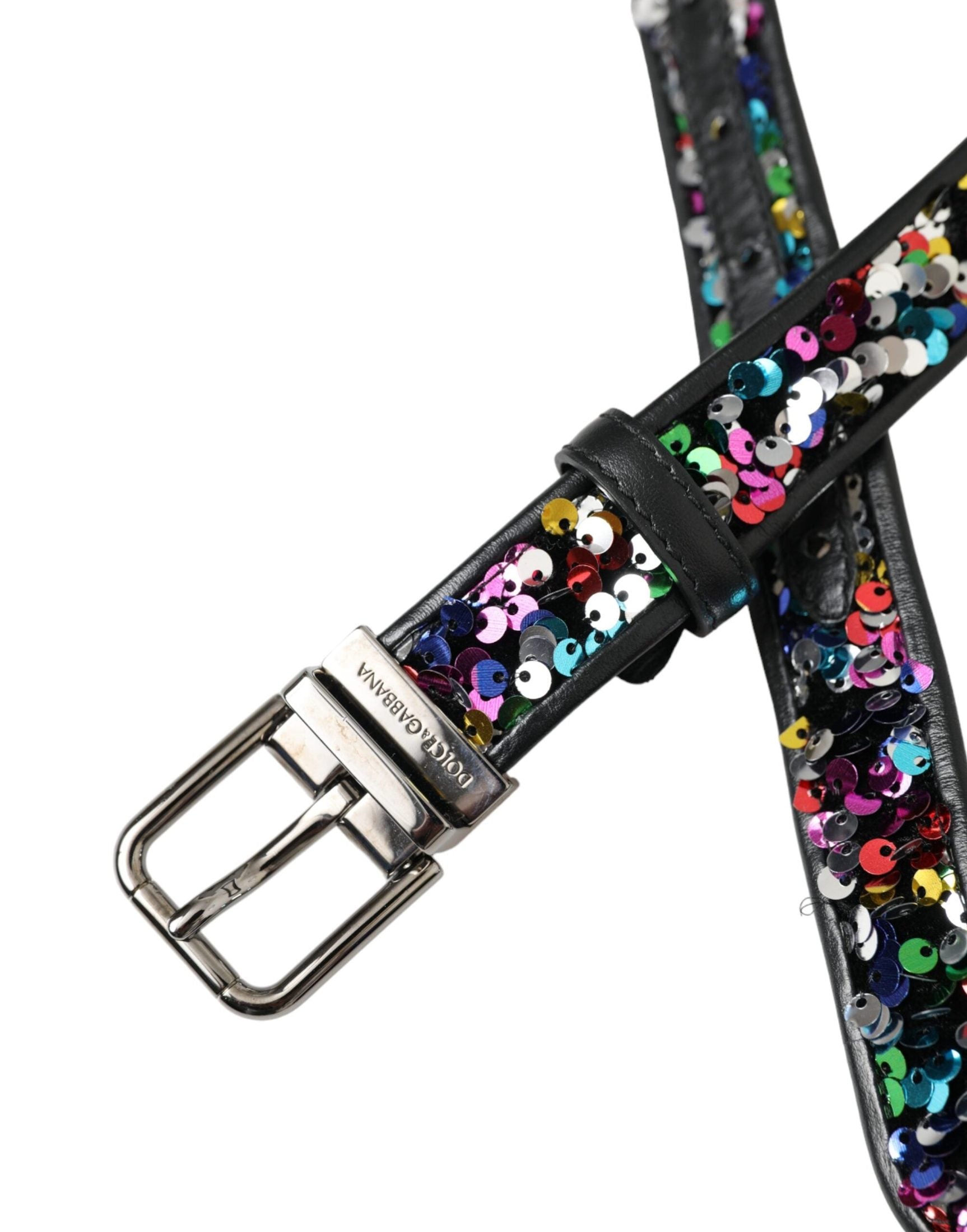 Dolce & Gabbana Black Sequined Silver Metal Buckle Belt Belts