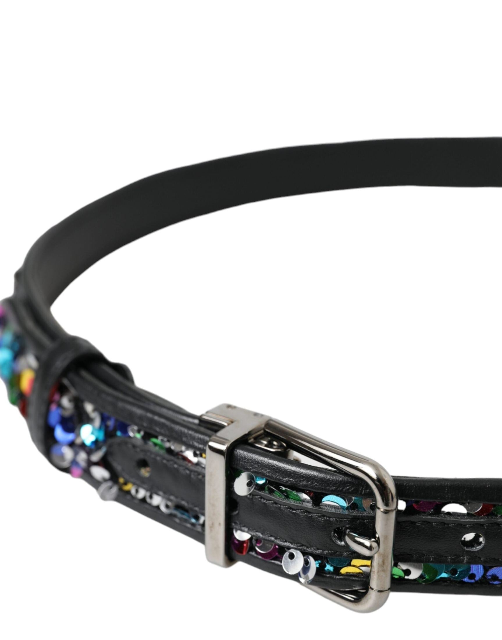 Dolce & Gabbana Black Sequined Silver Metal Buckle Belt Belts