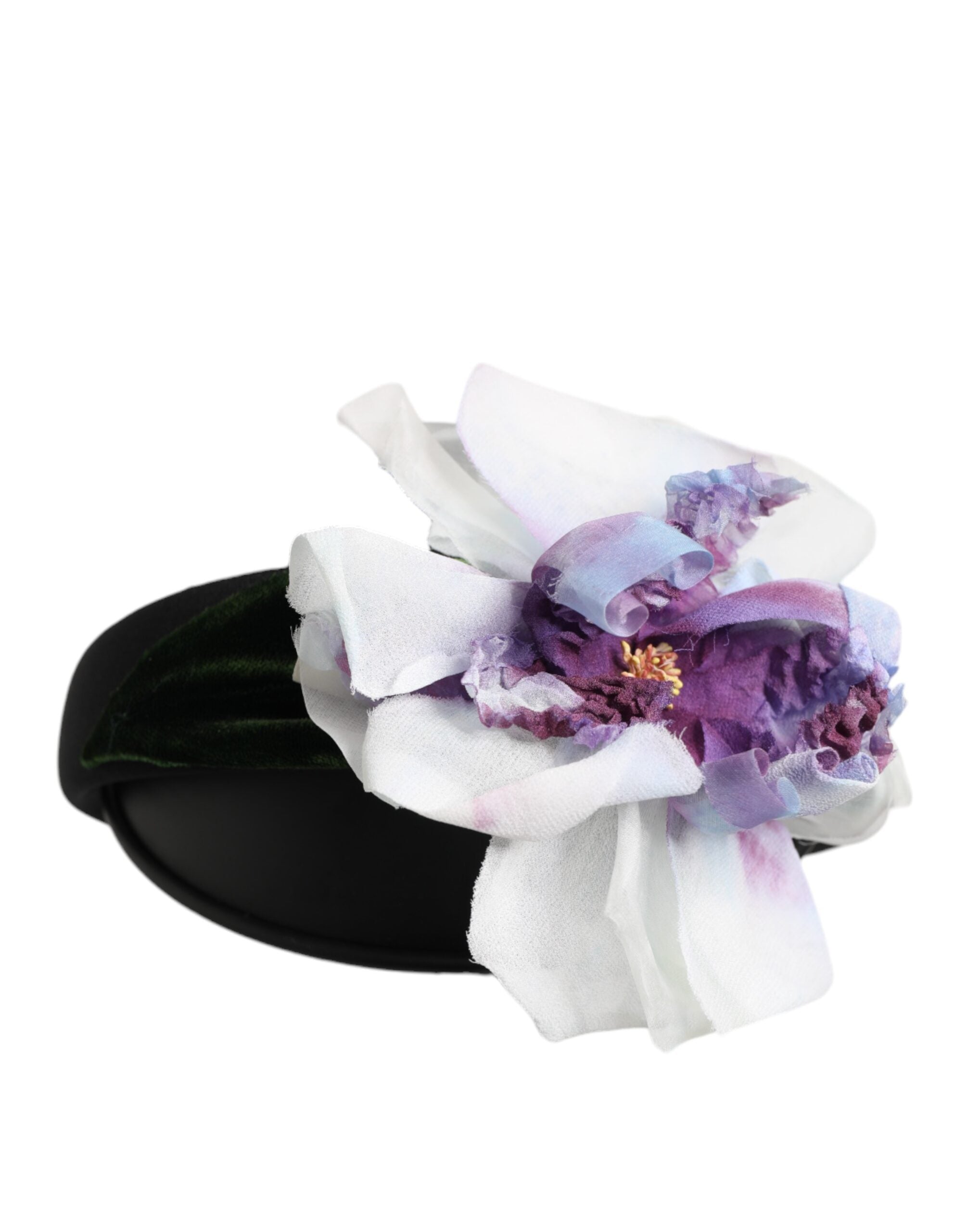 Dolce & Gabbana Black Silk Green Purple White Floral Appliqué Accessory Headband Glam Steals