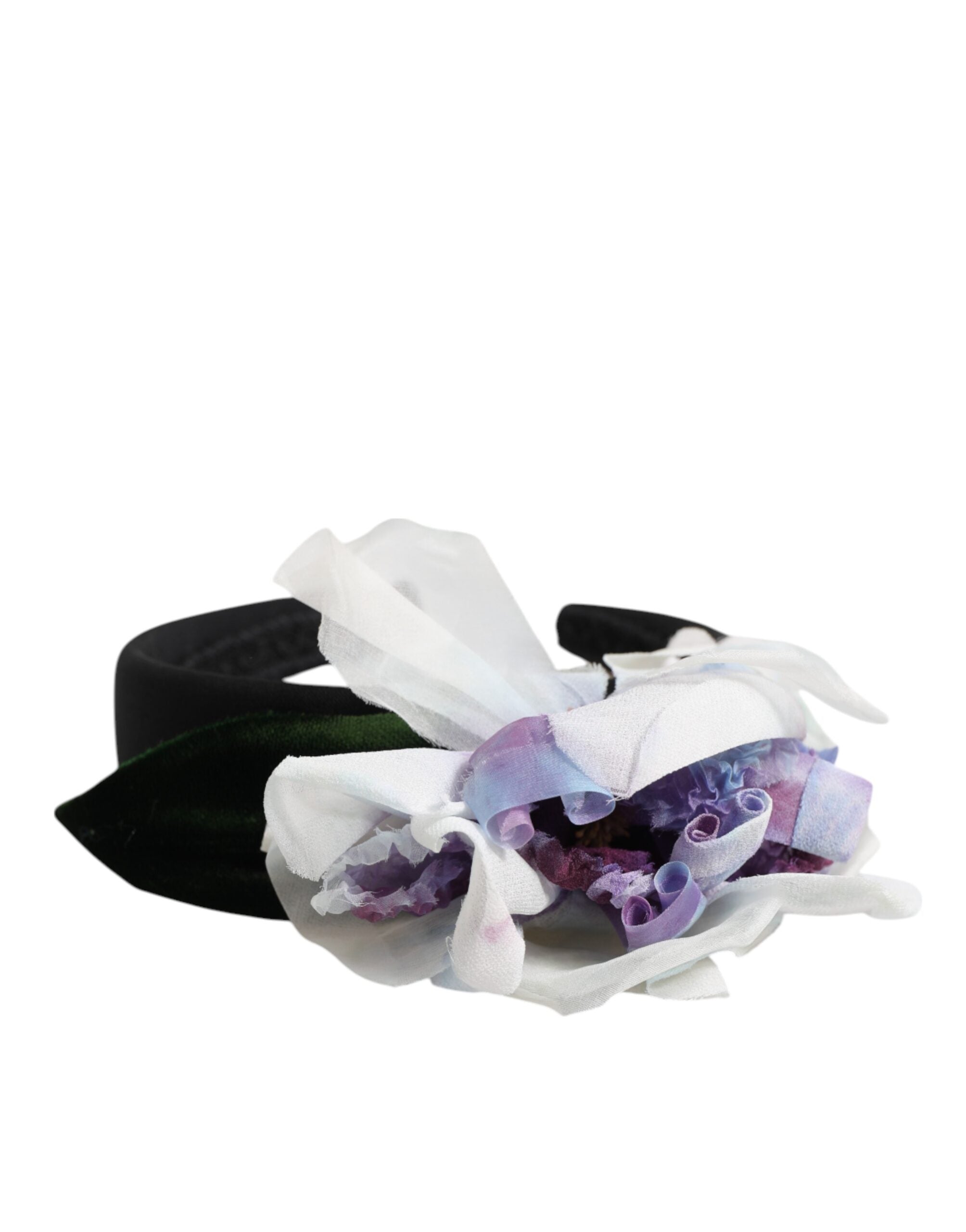 Dolce & Gabbana Black Silk Green Purple White Floral Appliqué Accessory Headband Glam Steals