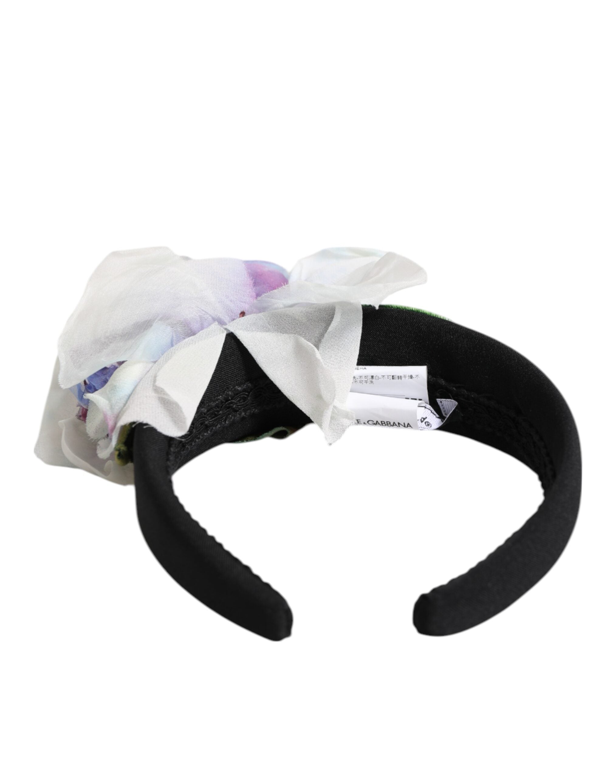 Dolce & Gabbana Black Silk Green Purple White Floral Appliqué Accessory Headband Glam Steals