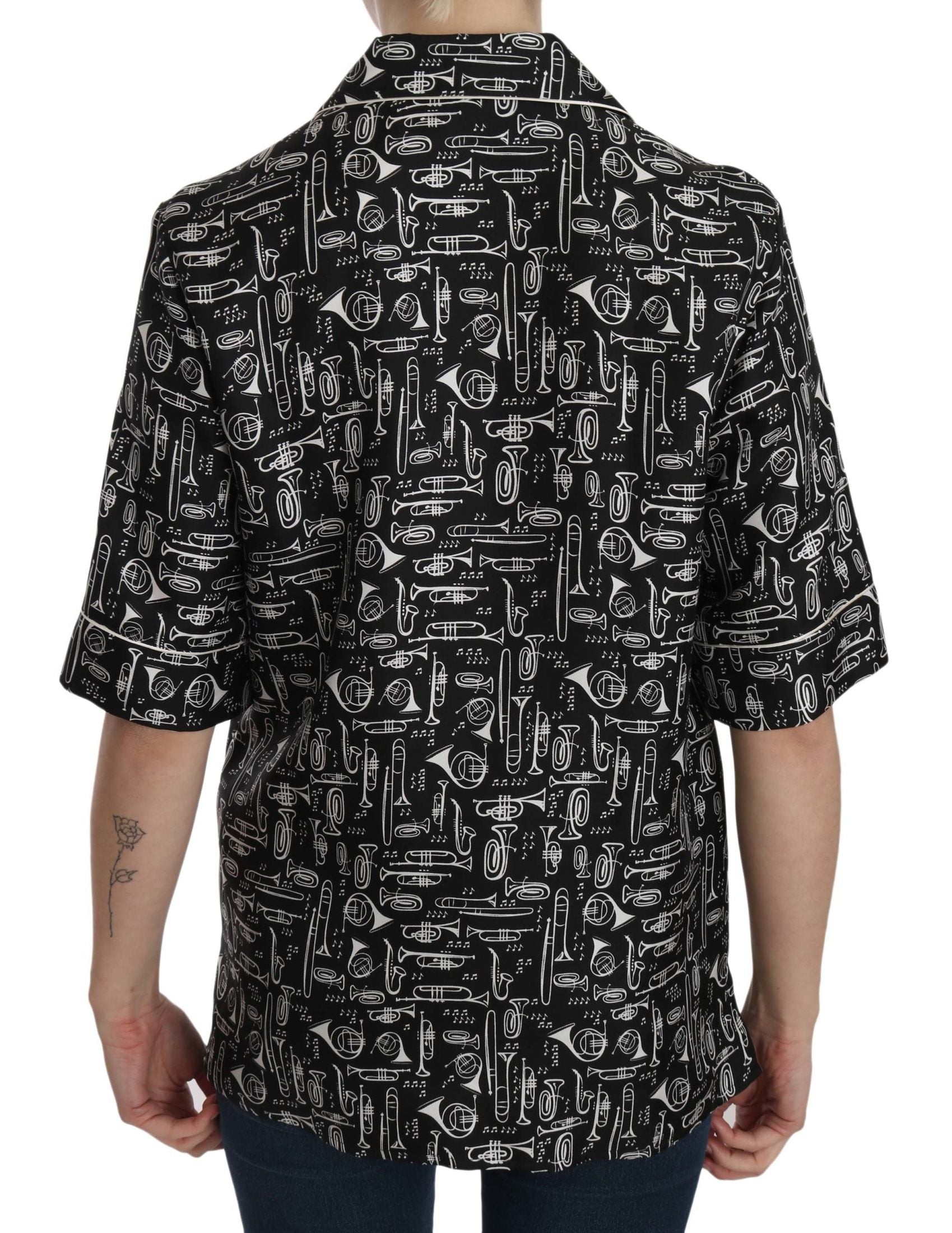 Dolce & Gabbana Black Silk Musical Instrument Print Top Shirts