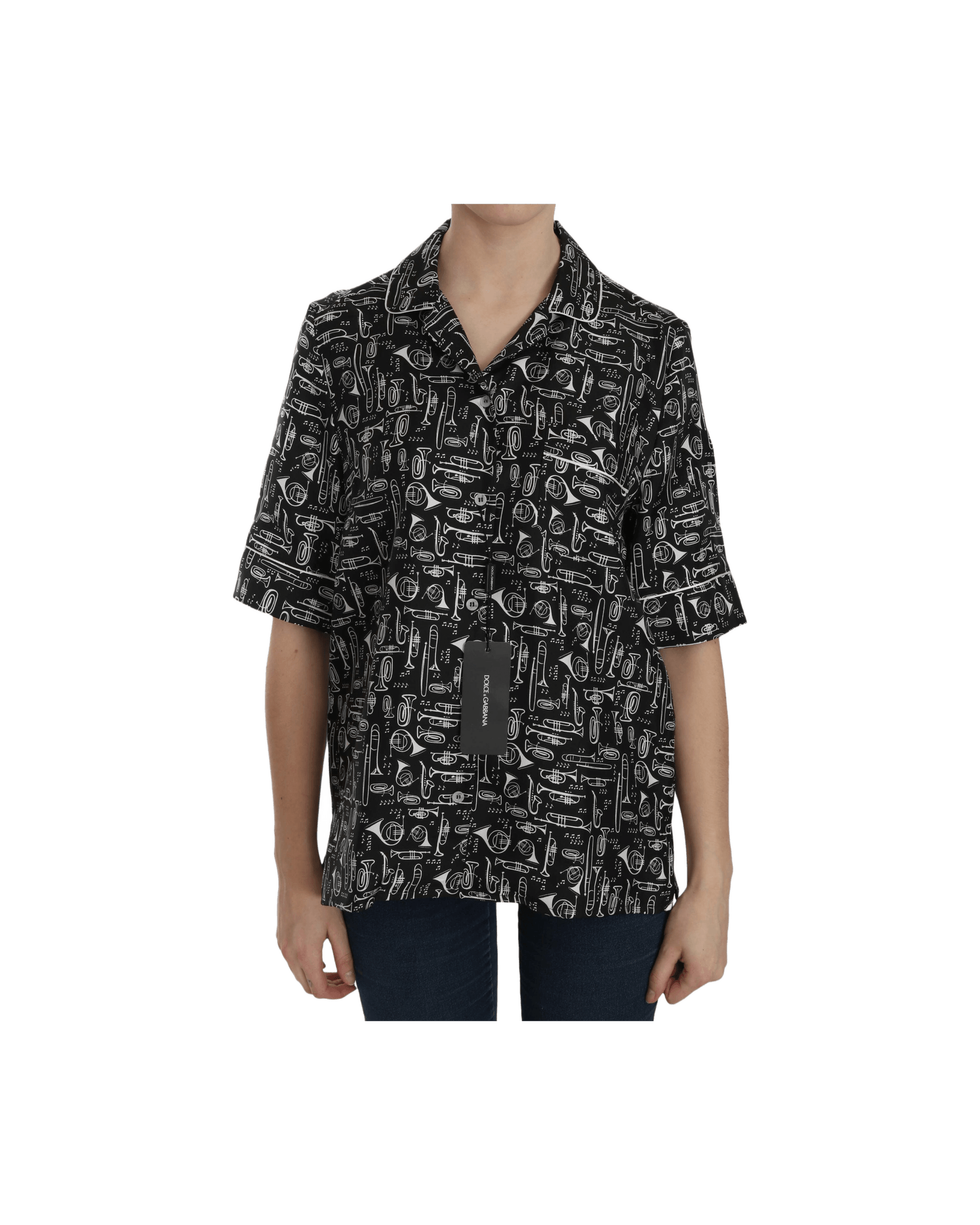 Dolce & Gabbana Black Silk Musical Instrument Print Top Shirts
