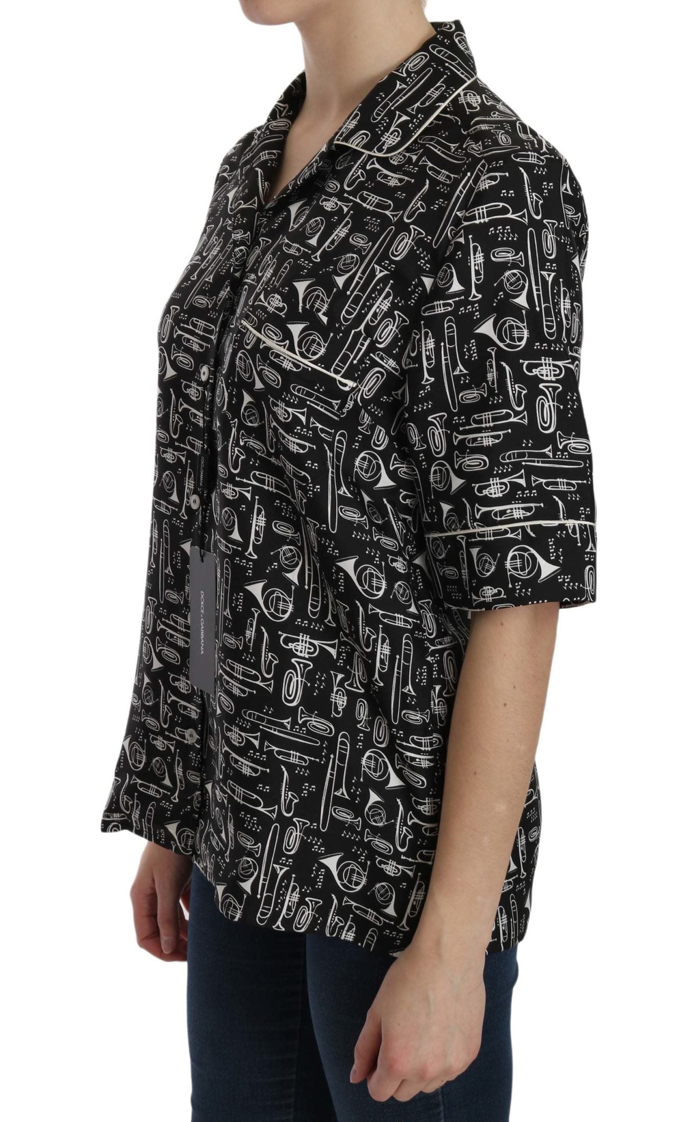 Dolce & Gabbana Black Silk Musical Instrument Print Top Shirts