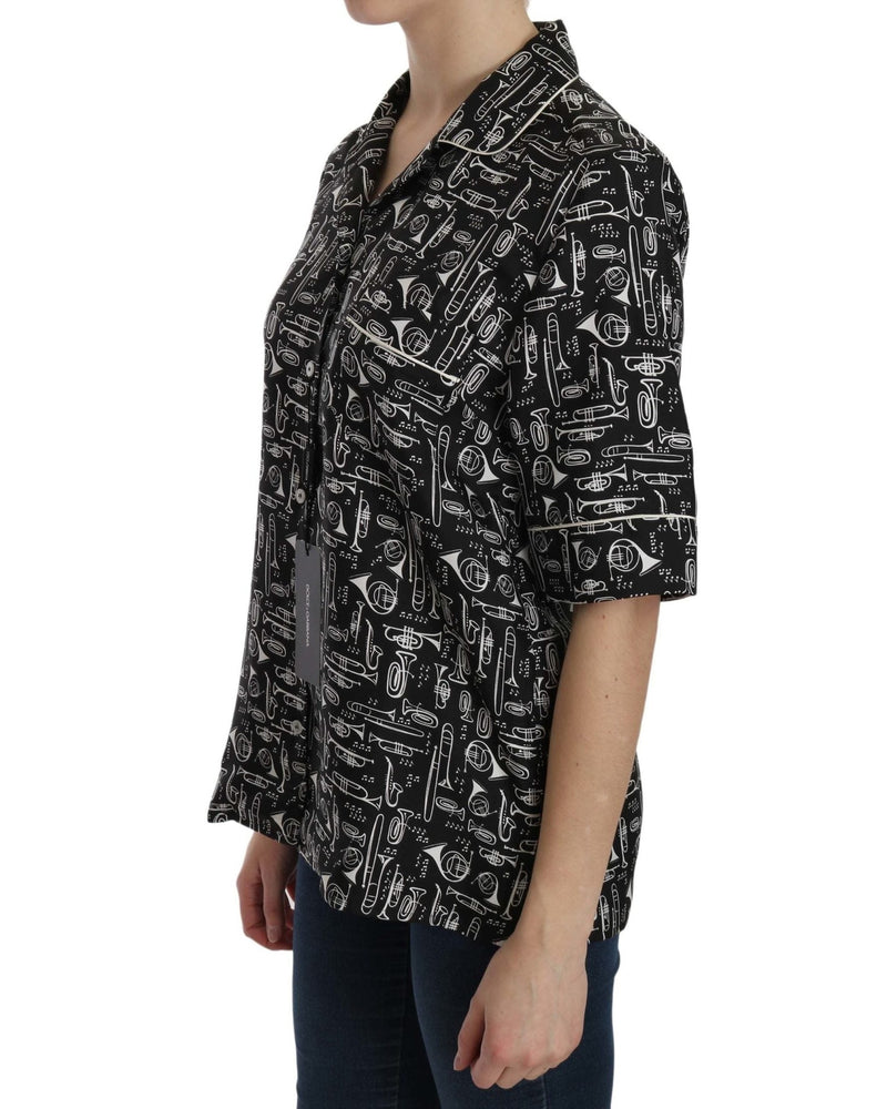 Dolce & Gabbana Black Silk Musical Instrument Print Top Shirts