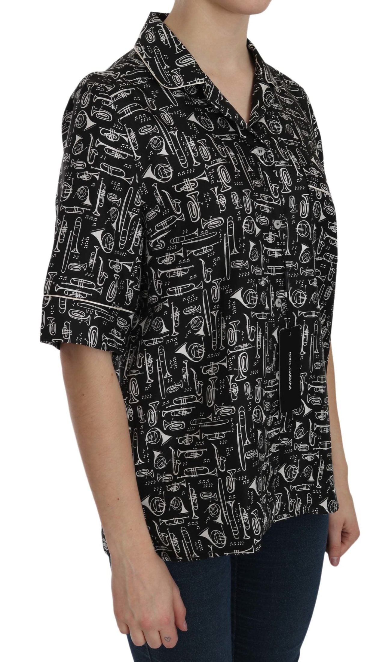 Dolce & Gabbana Black Silk Musical Instrument Print Top Shirts