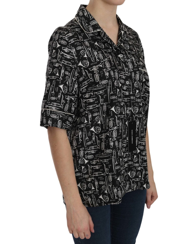 Dolce & Gabbana Black Silk Musical Instrument Print Top Shirts