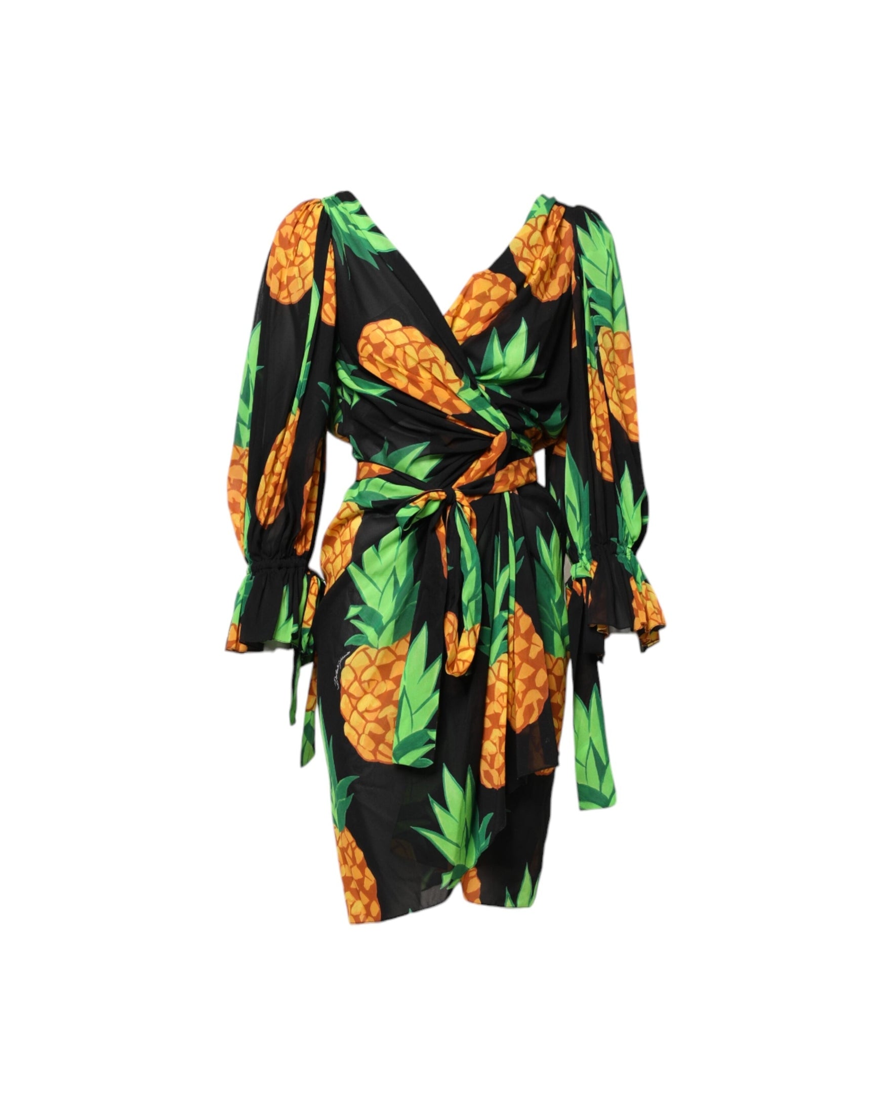 Dolce & Gabbana Black Silk Pineapple Print Wrap Mini Dress Glam Steals
