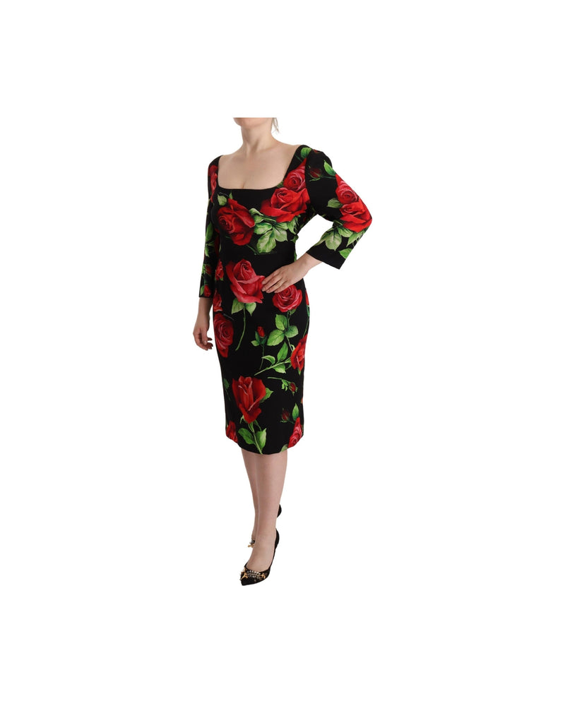 Dolce & Gabbana Black Silk Red Roses Sheath Stretch Dress Dresses