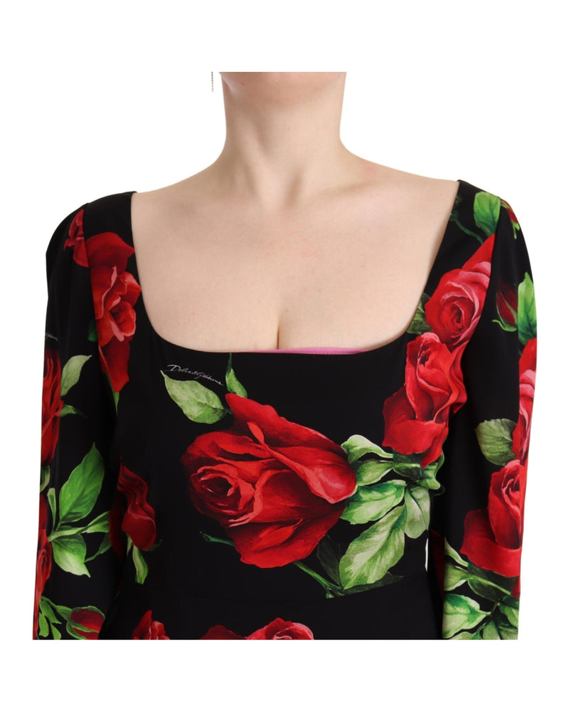 Dolce & Gabbana Black Silk Red Roses Sheath Stretch Dress Dresses