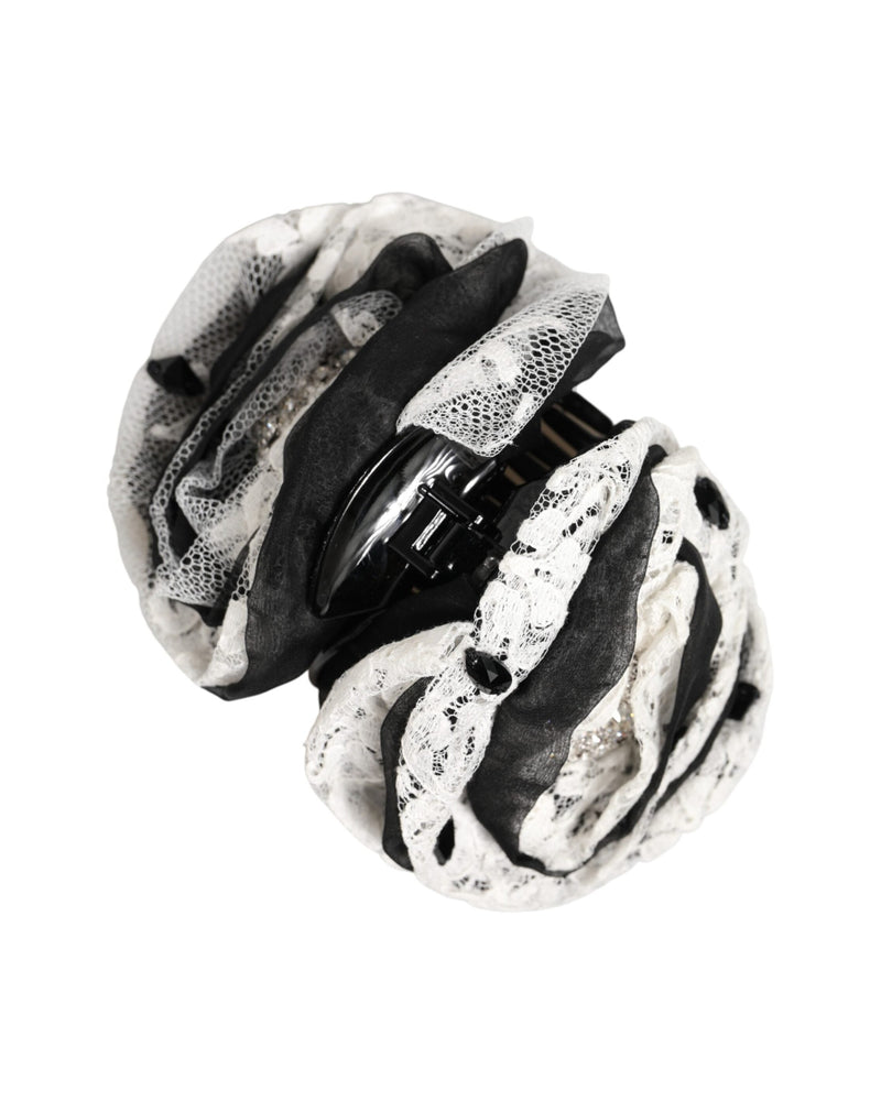 Dolce & Gabbana Black Silk White Floral Lace Crystal Accessory Hair Claw Glam Steals