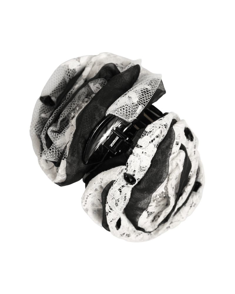 Dolce & Gabbana Black Silk White Floral Lace Crystal Accessory Hair Claw Glam Steals