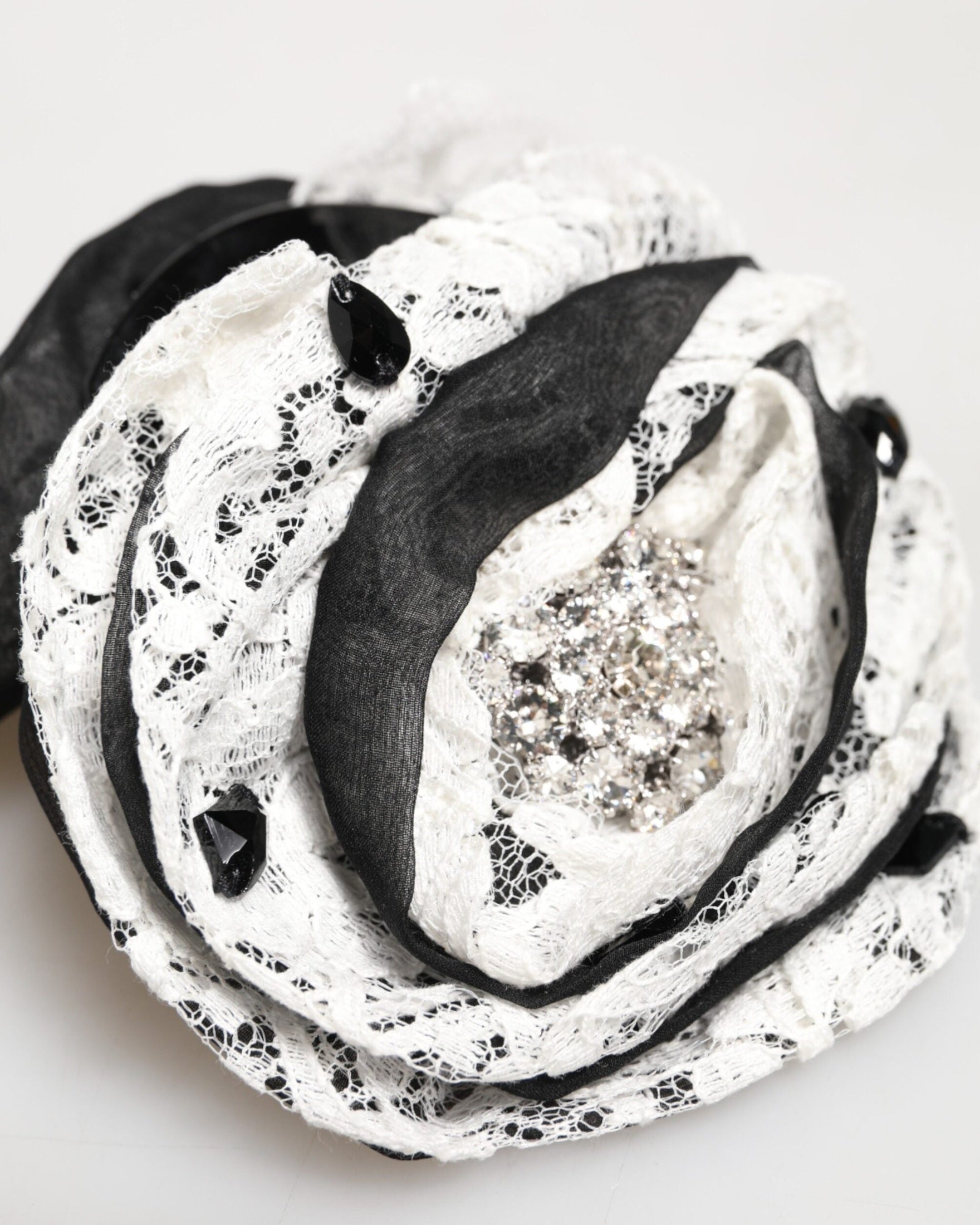 Dolce & Gabbana Black Silk White Floral Lace Crystal Accessory Hair Claw Glam Steals