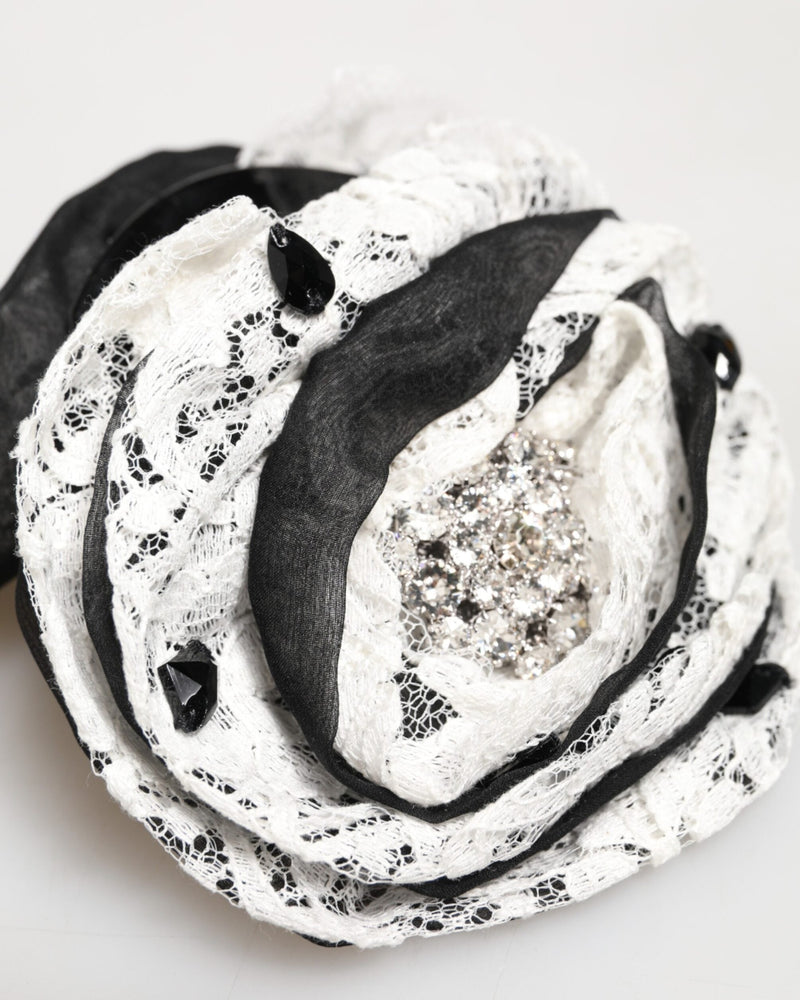 Dolce & Gabbana Black Silk White Floral Lace Crystal Accessory Hair Claw Glam Steals