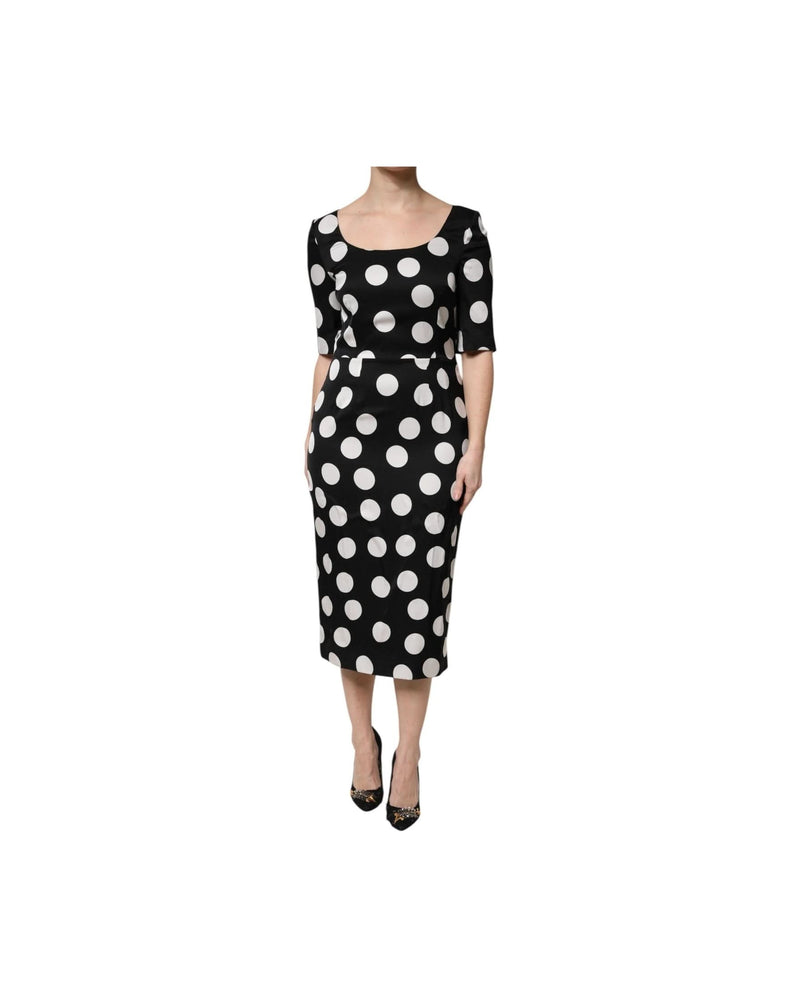 Dolce & Gabbana Black Silk White Polka Dot Sheath Midi Dress Glam Steals