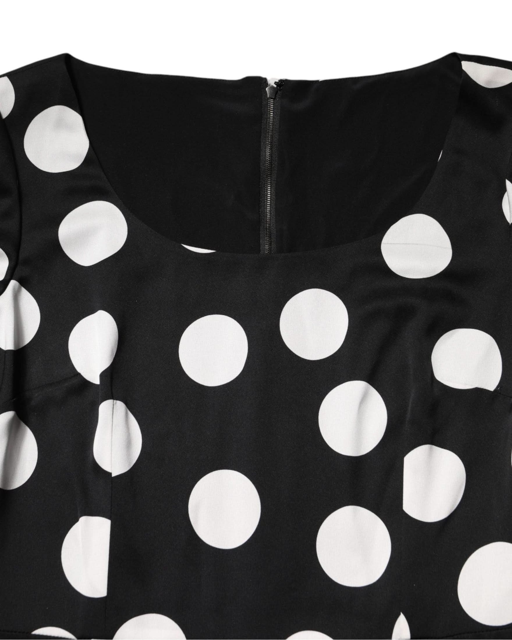 Dolce & Gabbana Black Silk White Polka Dot Sheath Midi Dress 