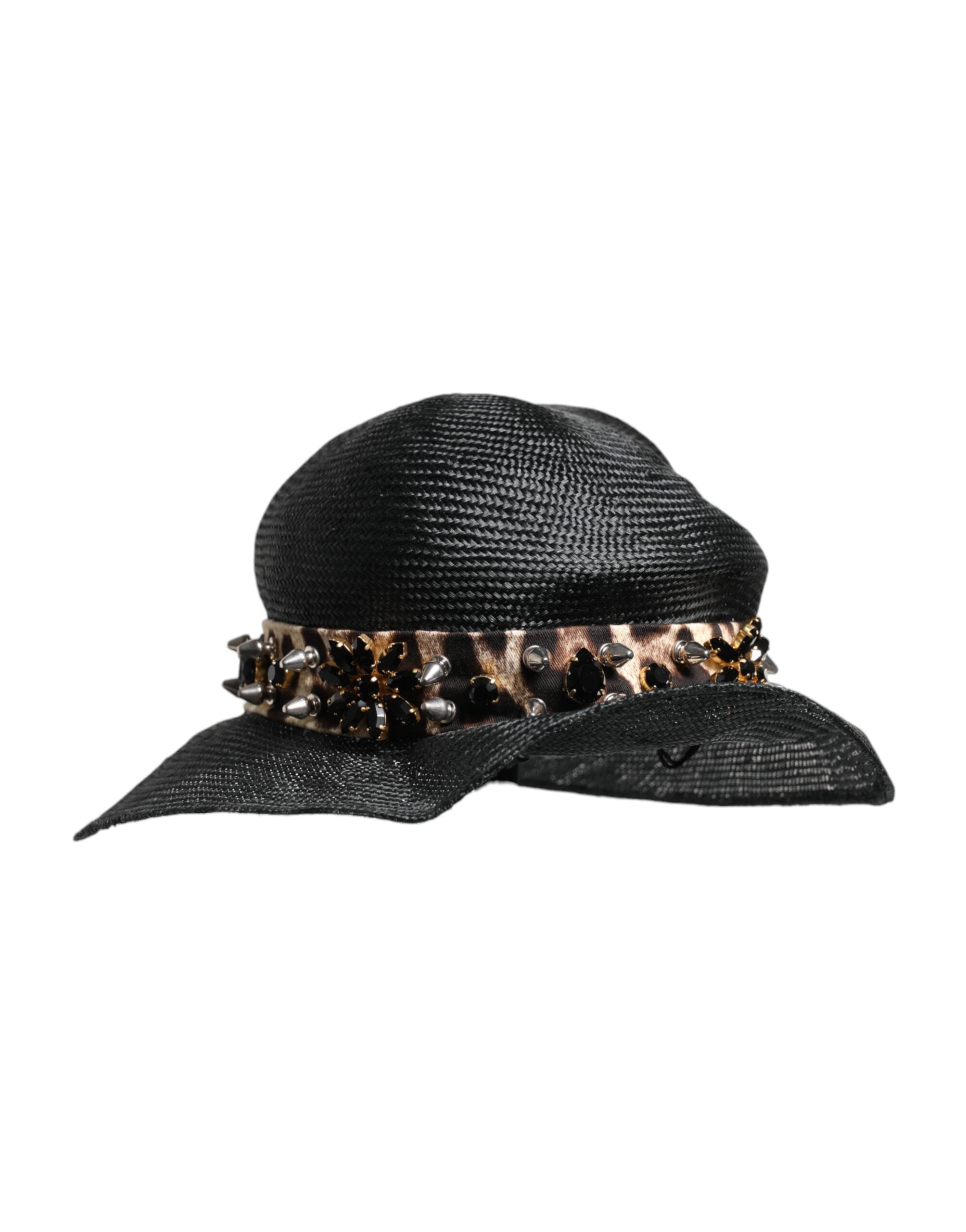Dolce & Gabbana Black Straw Crystal Embellished Wide Brim Hat Glam Steals