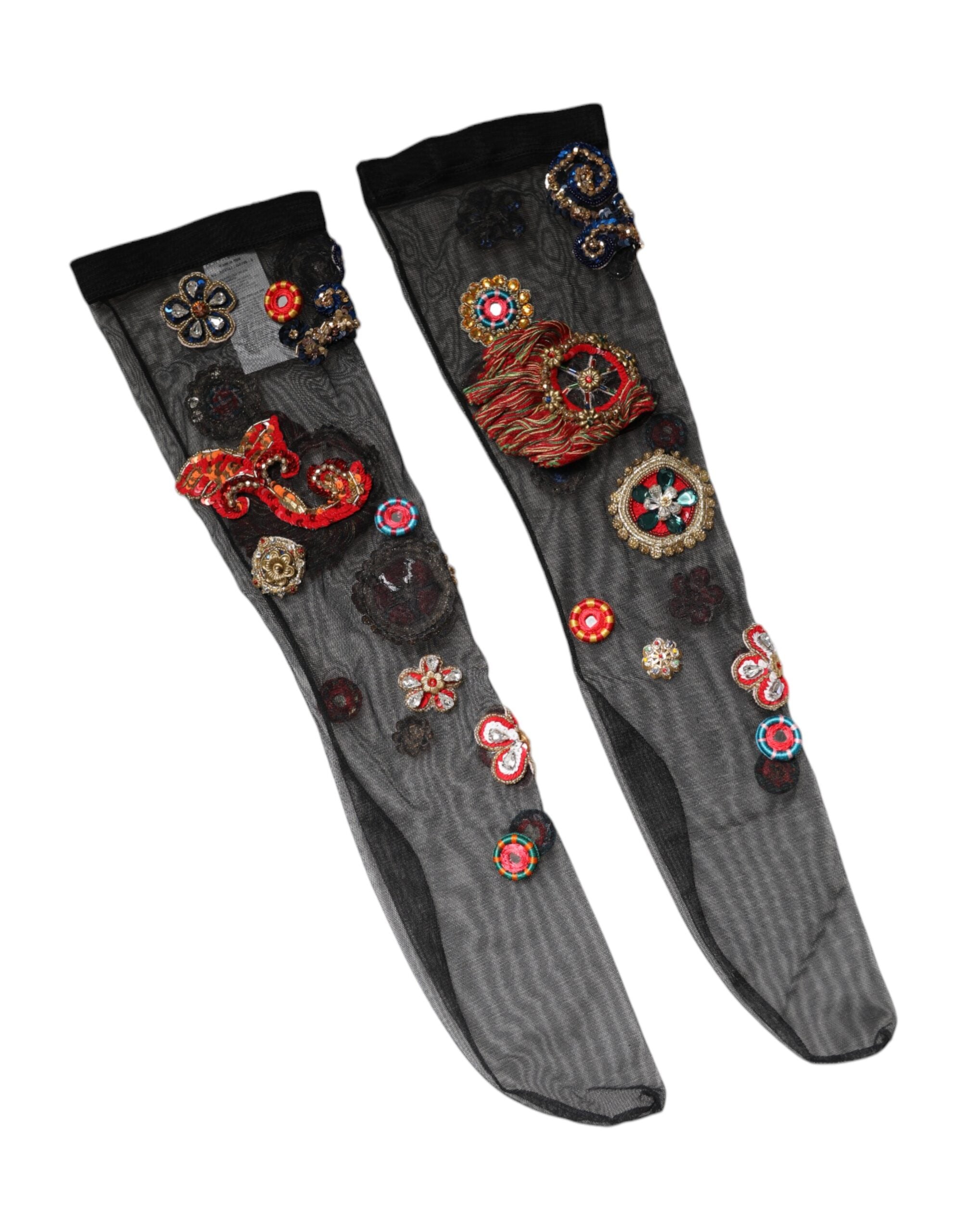 Dolce & Gabbana Black Stretch Carretto Crystal Stockings Socks Glam Steals