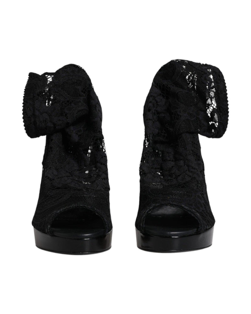 Dolce & Gabbana Black Stretch Taormina Lace Boots Shoes Boots