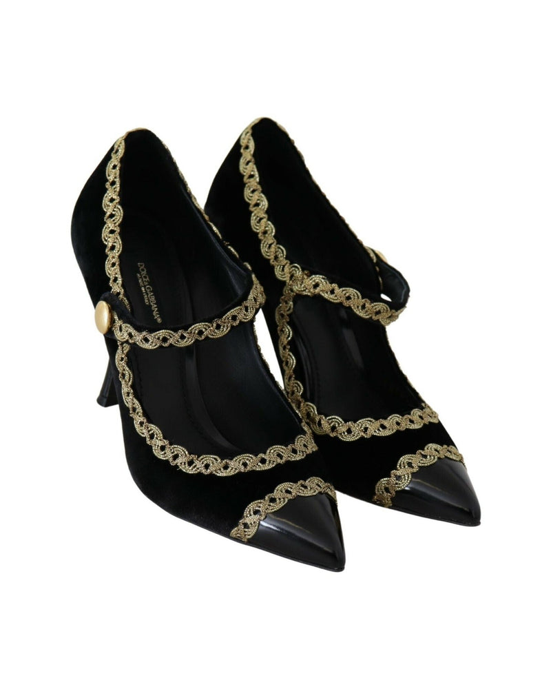 Dolce & Gabbana Black Velvet Embellished Mary Jane Pumps Shoes Glam Steals