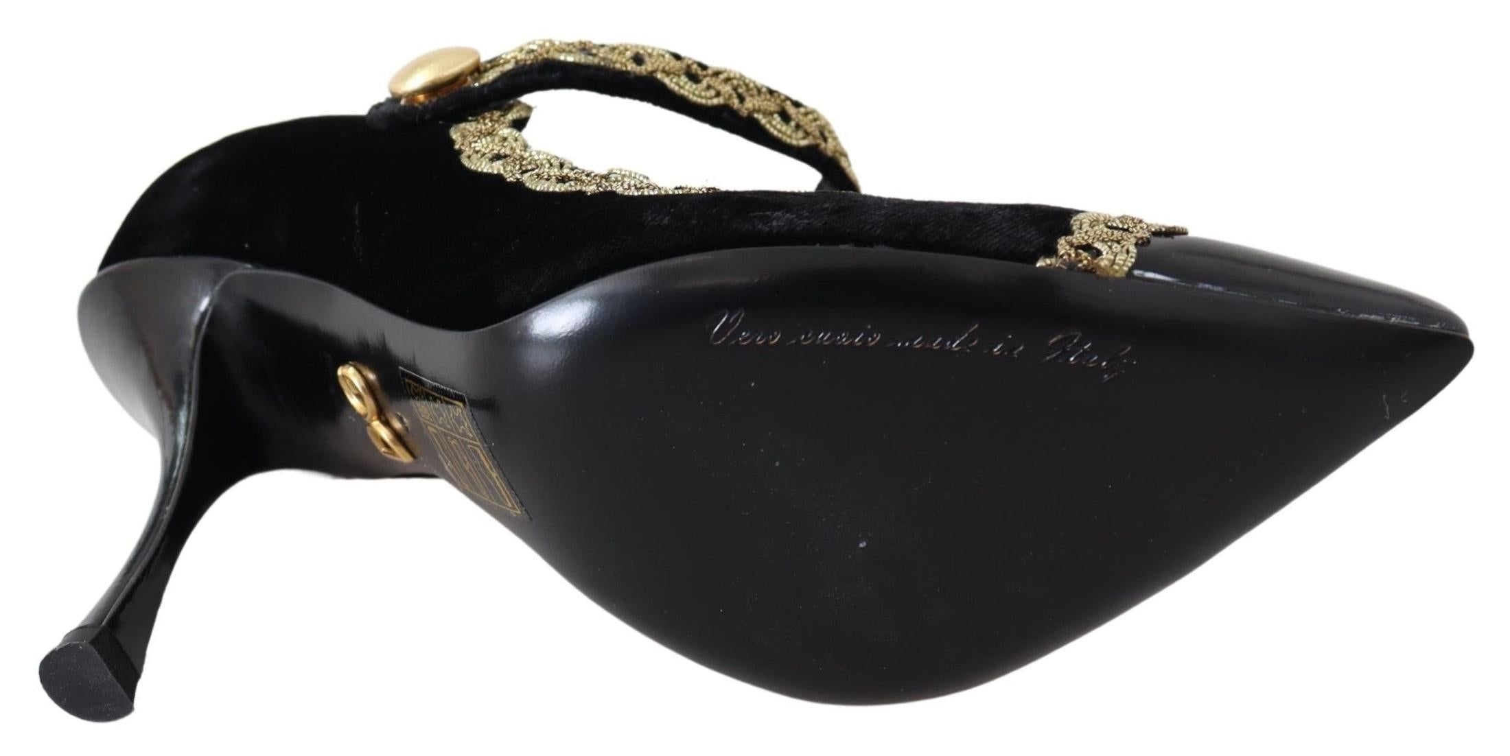 Dolce & Gabbana Black Velvet Gold Mary Janes Pumps Heels