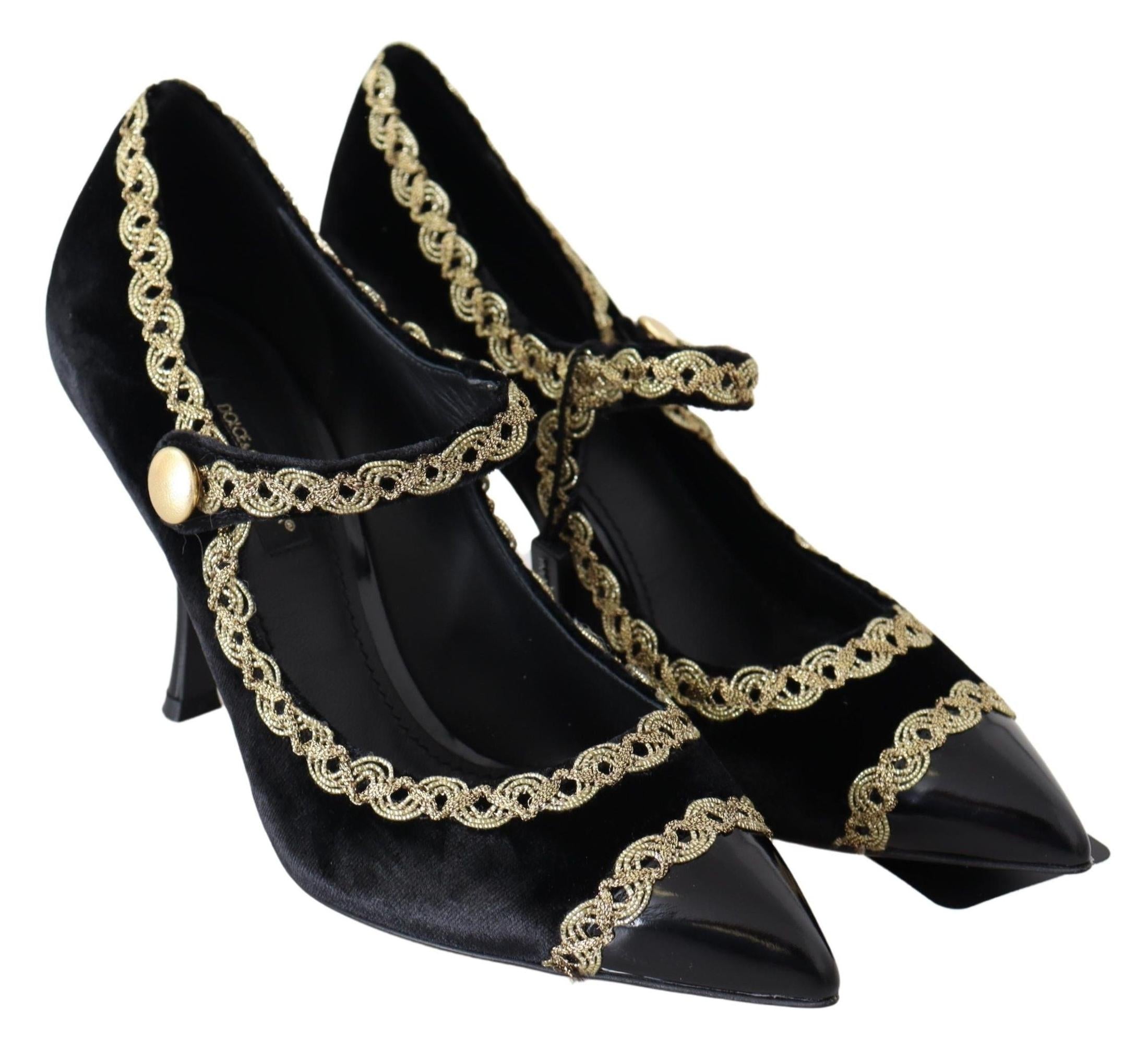 Dolce & Gabbana Black Velvet Gold Mary Janes Pumps Heels