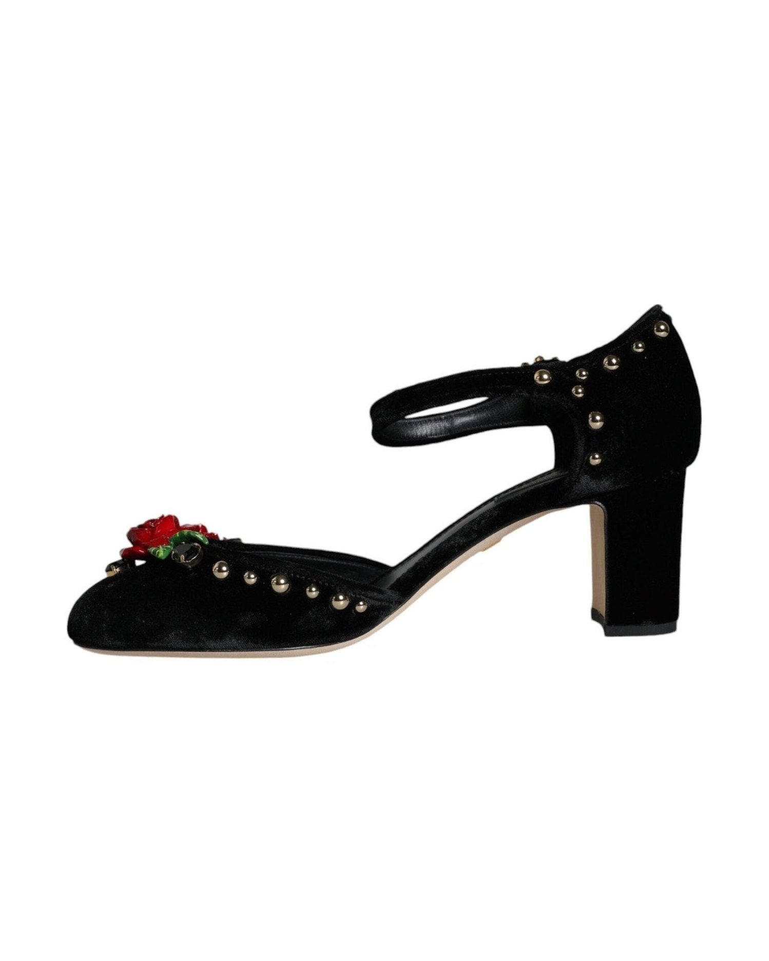 Dolce & Gabbana Black Velvet Roses Ankle Strap Pumps Shoes Heels