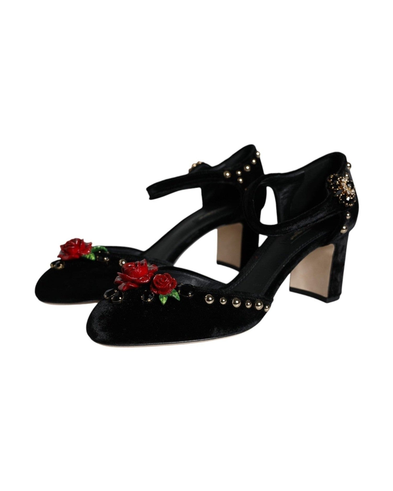 Dolce & Gabbana Black Velvet Roses Ankle Strap Pumps Shoes Heels