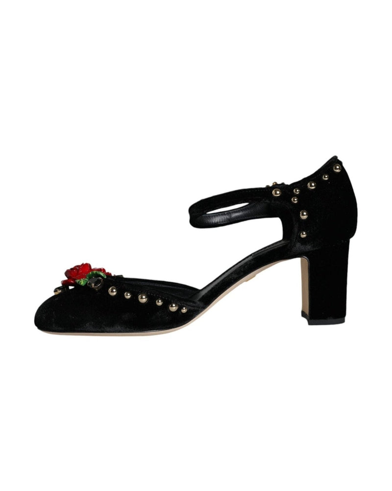 Dolce & Gabbana Black Velvet Roses Ankle Strap Pumps Shoes Glam Steals