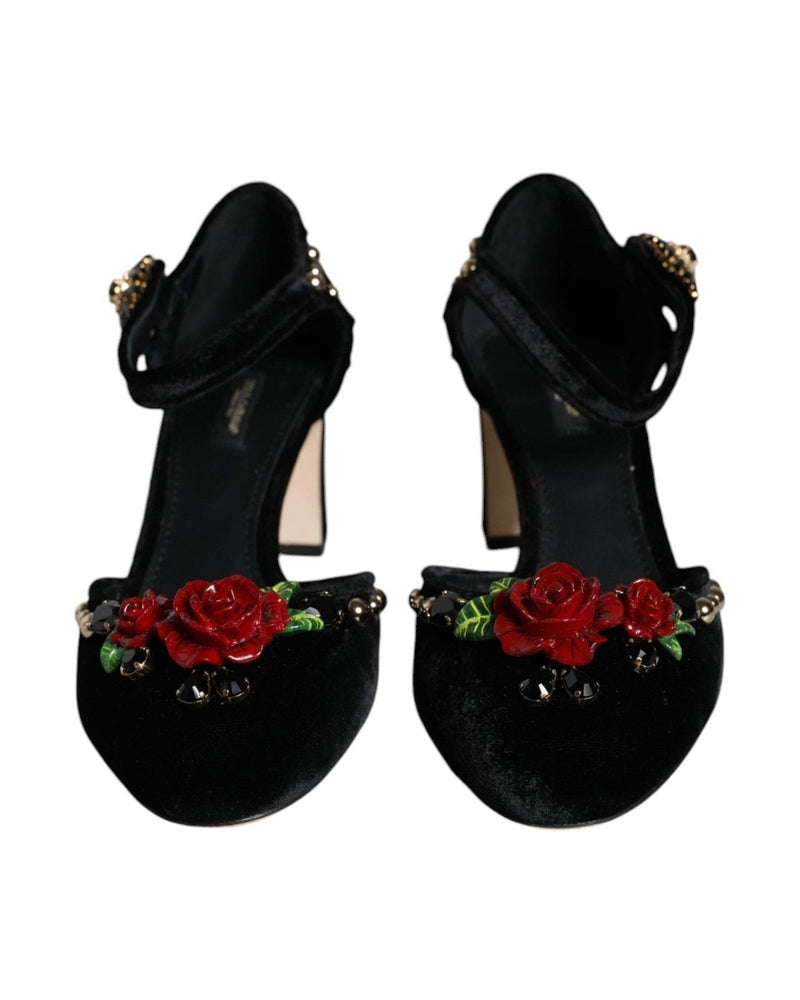 Dolce & Gabbana Black Velvet Roses Ankle Strap Pumps Shoes Glam Steals