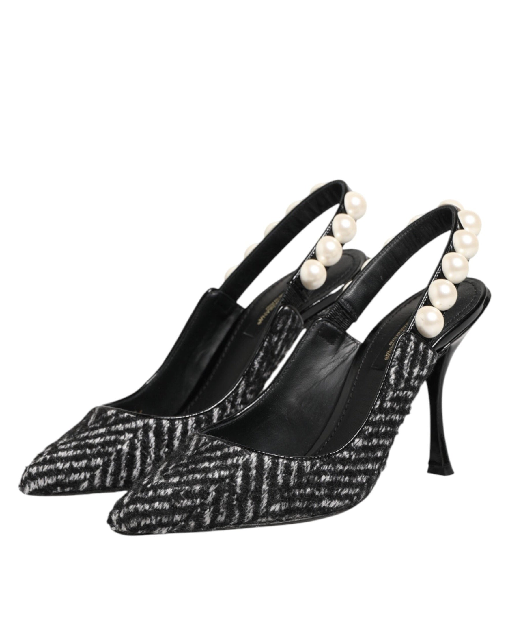 Dolce & Gabbana Black White Chevron Faux Pearl Slingbacks Shoes Heels