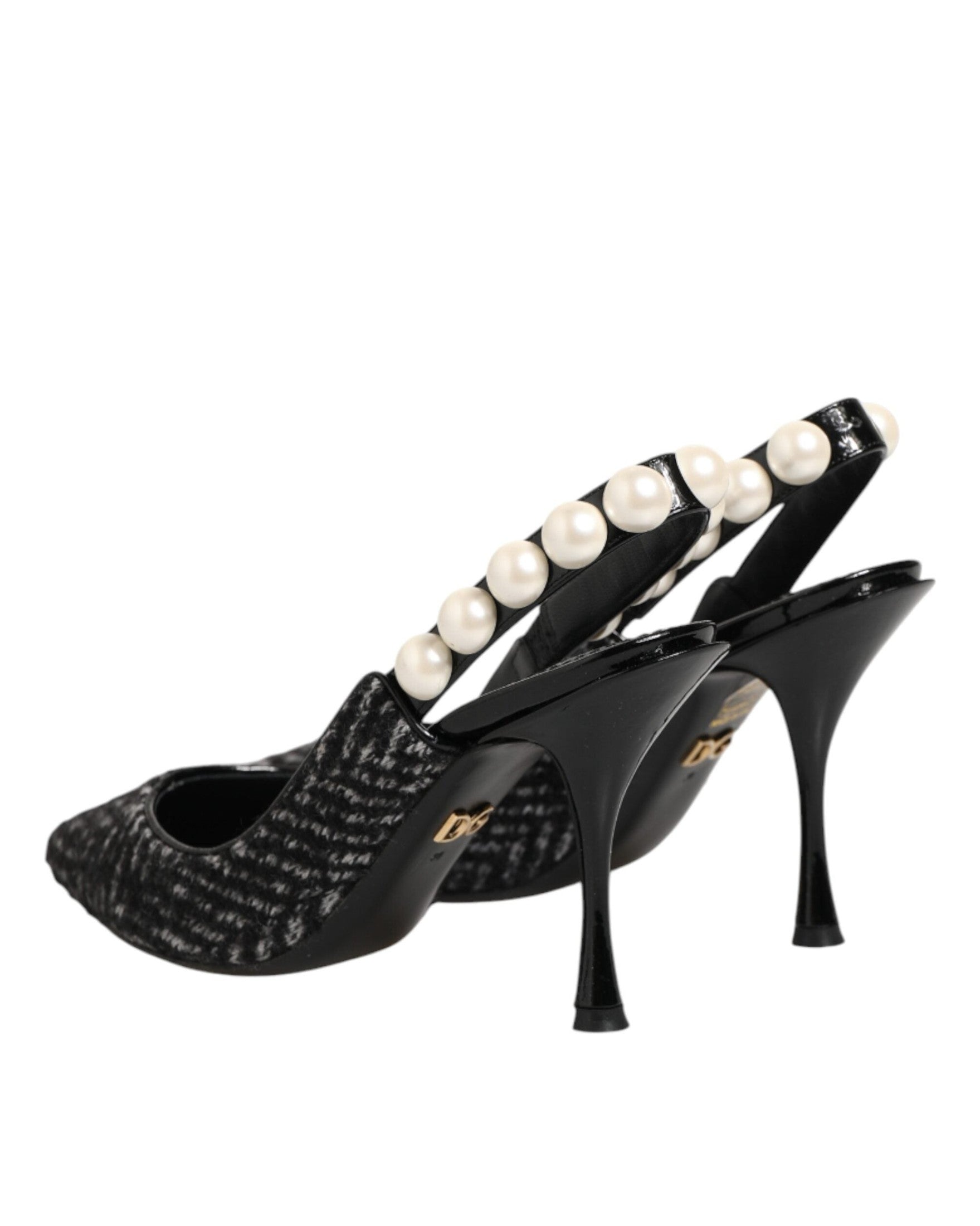 Dolce & Gabbana Black White Chevron Faux Pearl Slingbacks Shoes Heels