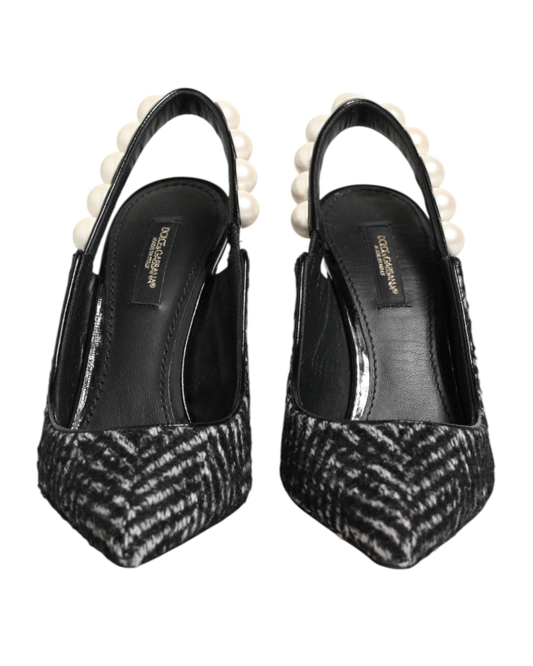 Dolce & Gabbana Black White Chevron Faux Pearl Slingbacks Shoes Heels
