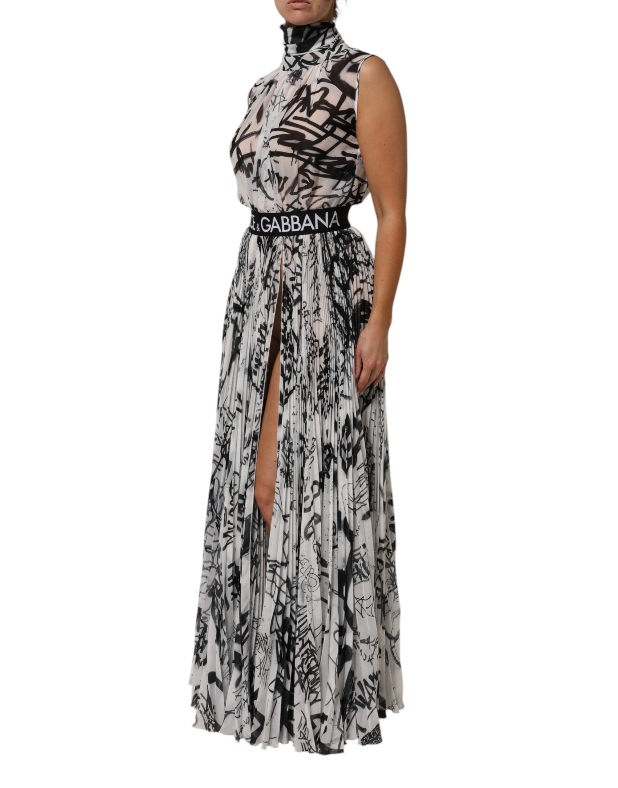 Dolce & Gabbana Black White Monogram Pleated Long Gown Dress Glam Steals