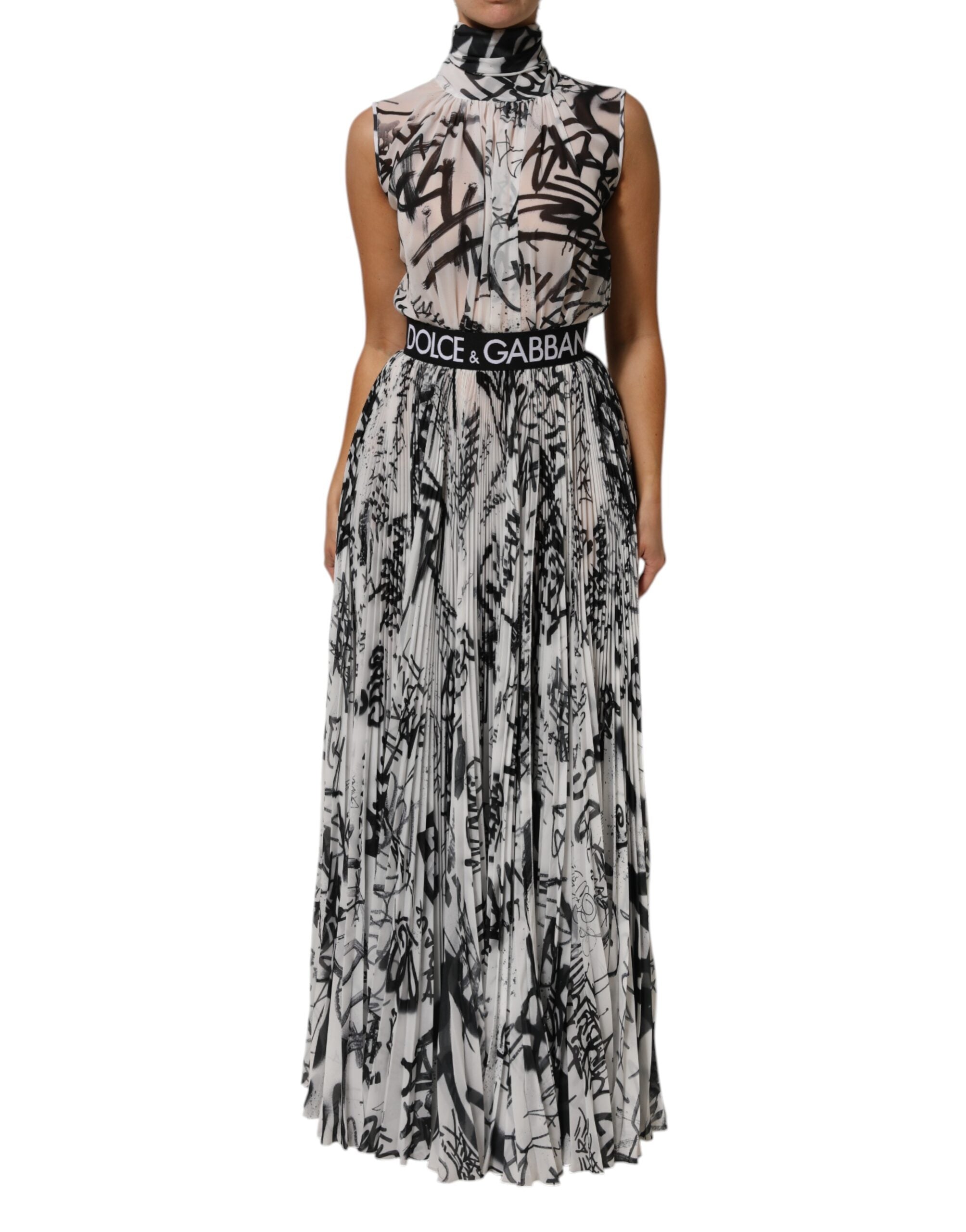 Dolce & Gabbana Black White Monogram Pleated Long Gown Dress Glam Steals