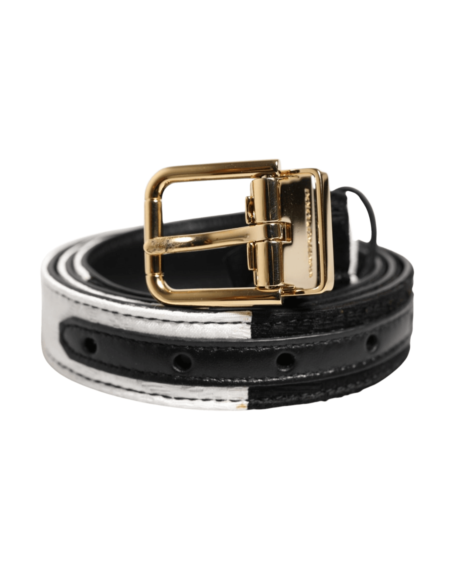 Dolce & Gabbana Black White Patchwork Gold Metal Buckle Belt Glam Steals