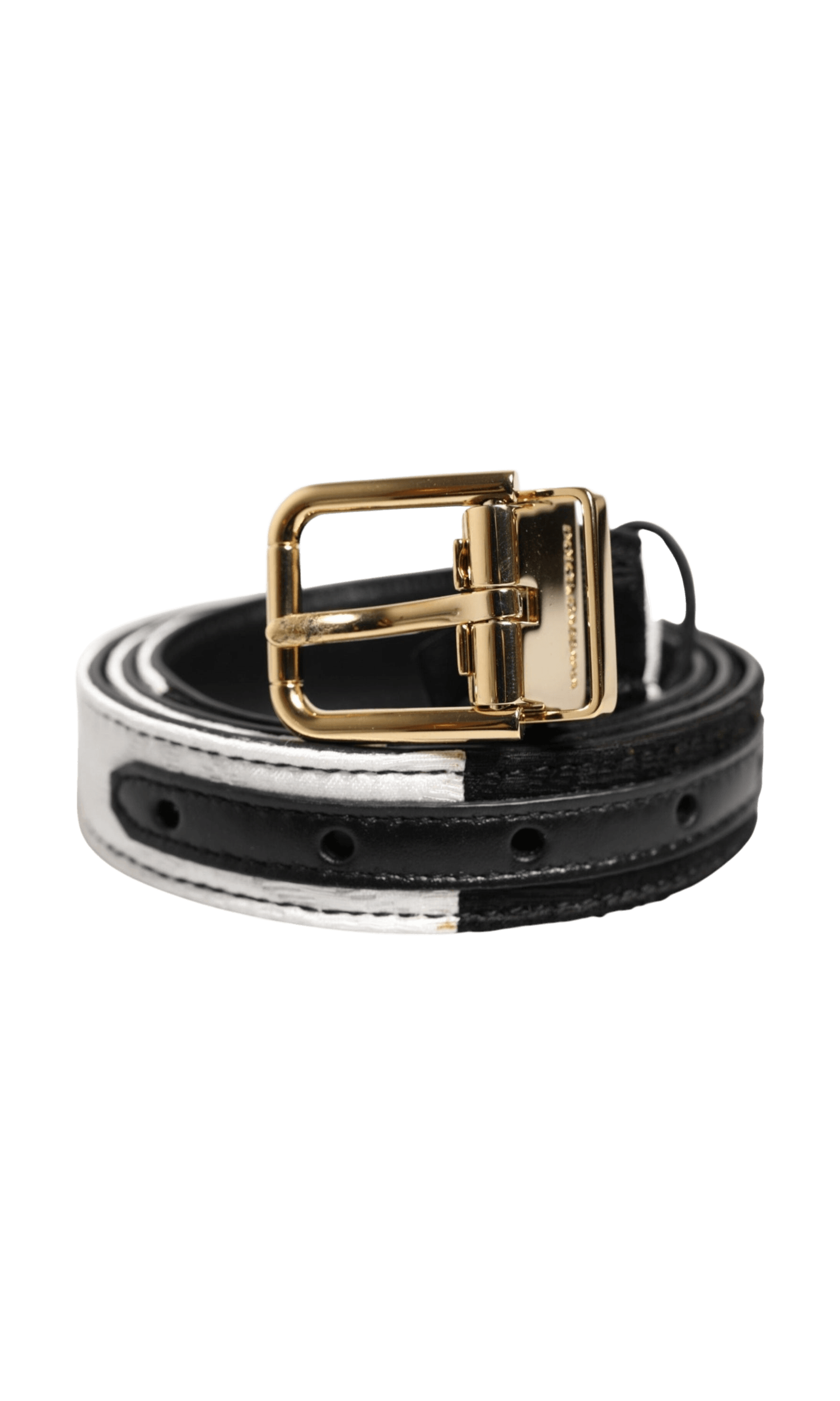 Dolce & Gabbana Black White Patchwork Gold Metal Buckle Belt Glam Steals
