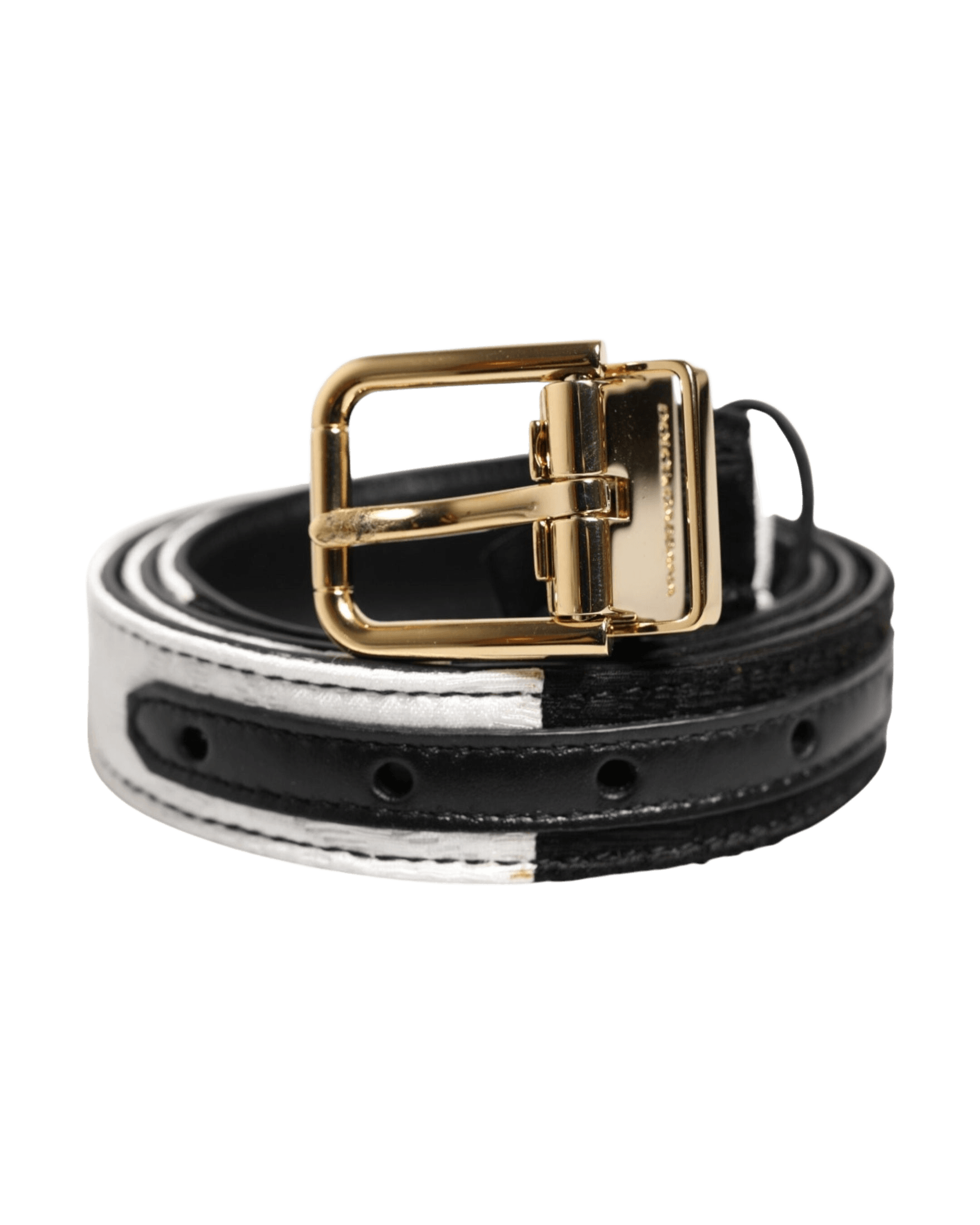 Dolce & Gabbana Black White Patchwork Gold Metal Buckle Belt Glam Steals