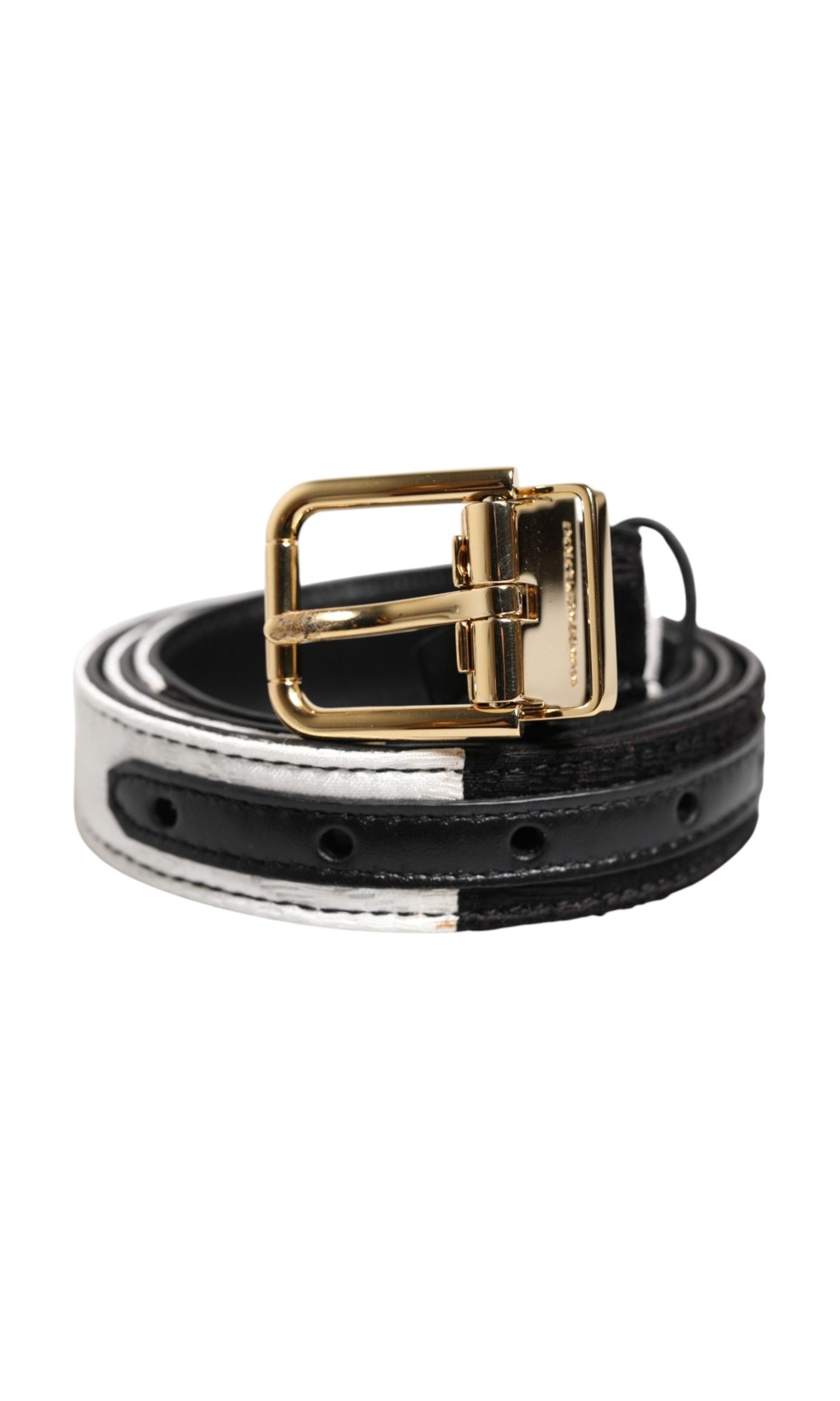 Dolce & Gabbana Black White Patchwork Gold Metal Buckle Belt Glam Steals