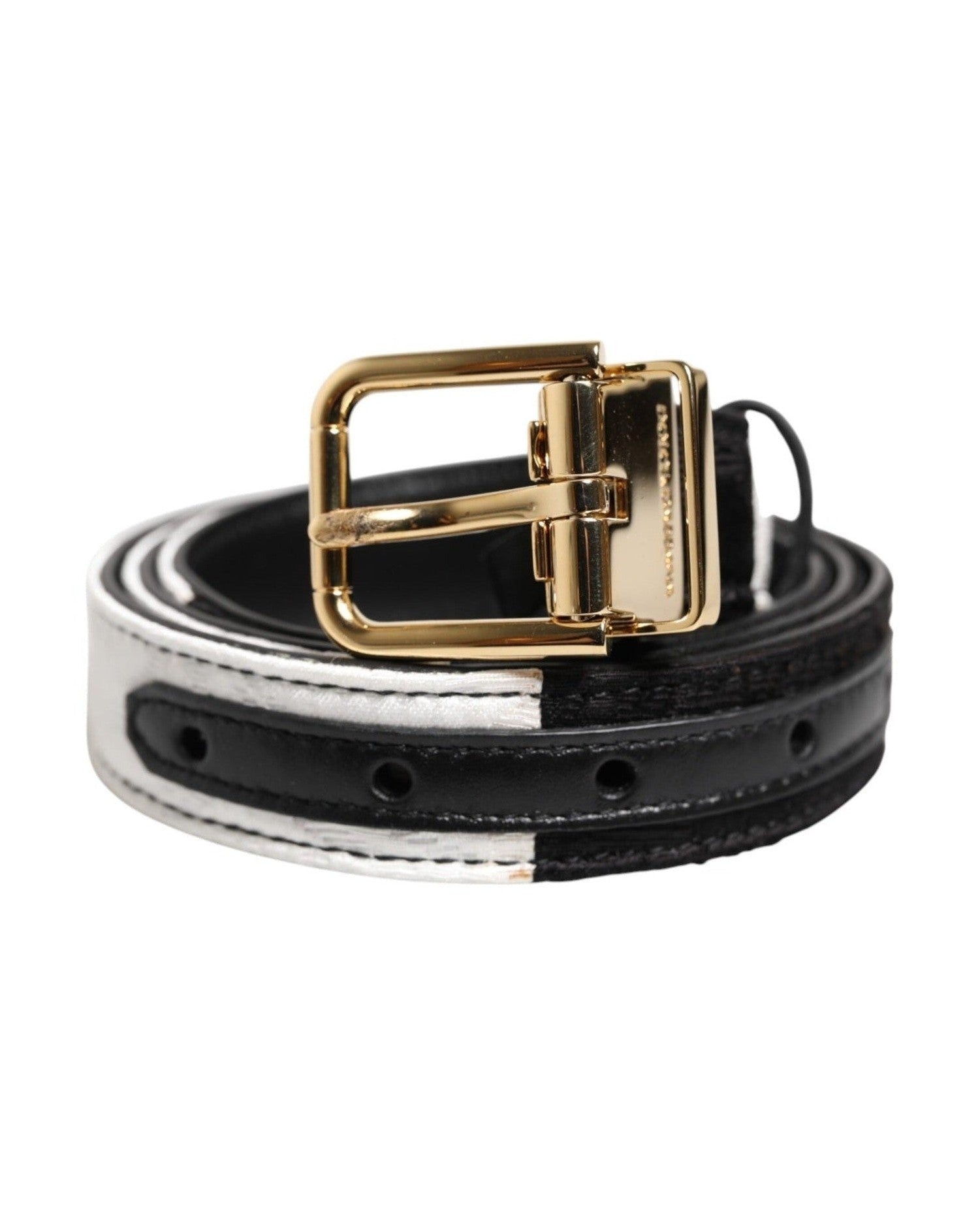 Dolce & Gabbana Black White Patchwork Gold Metal Buckle Belt Glam Steals