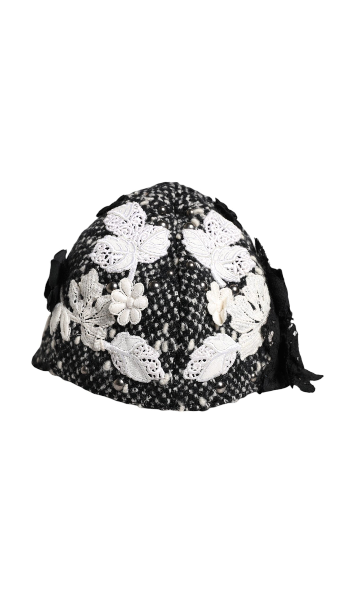 Dolce & Gabbana Black Wool White Floral Embellished Cloche Hat Glam Steals