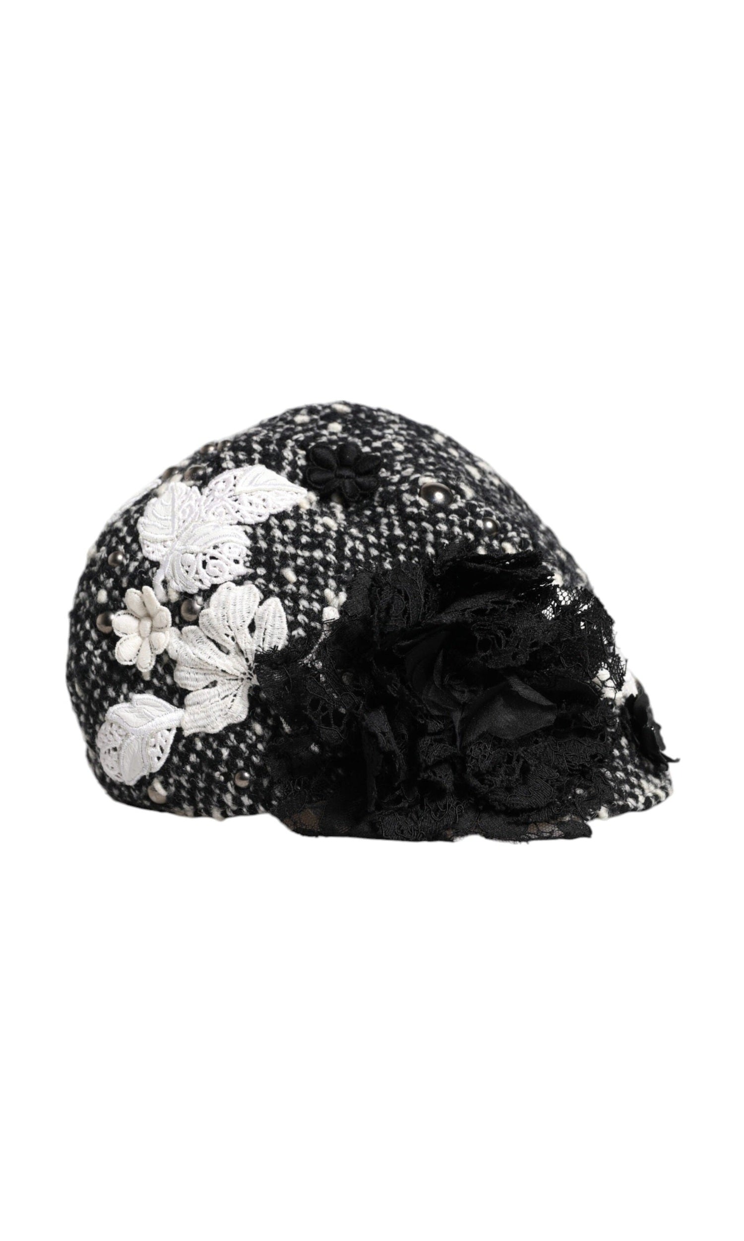 Dolce & Gabbana Black Wool White Floral Embellished Cloche Hat Glam Steals