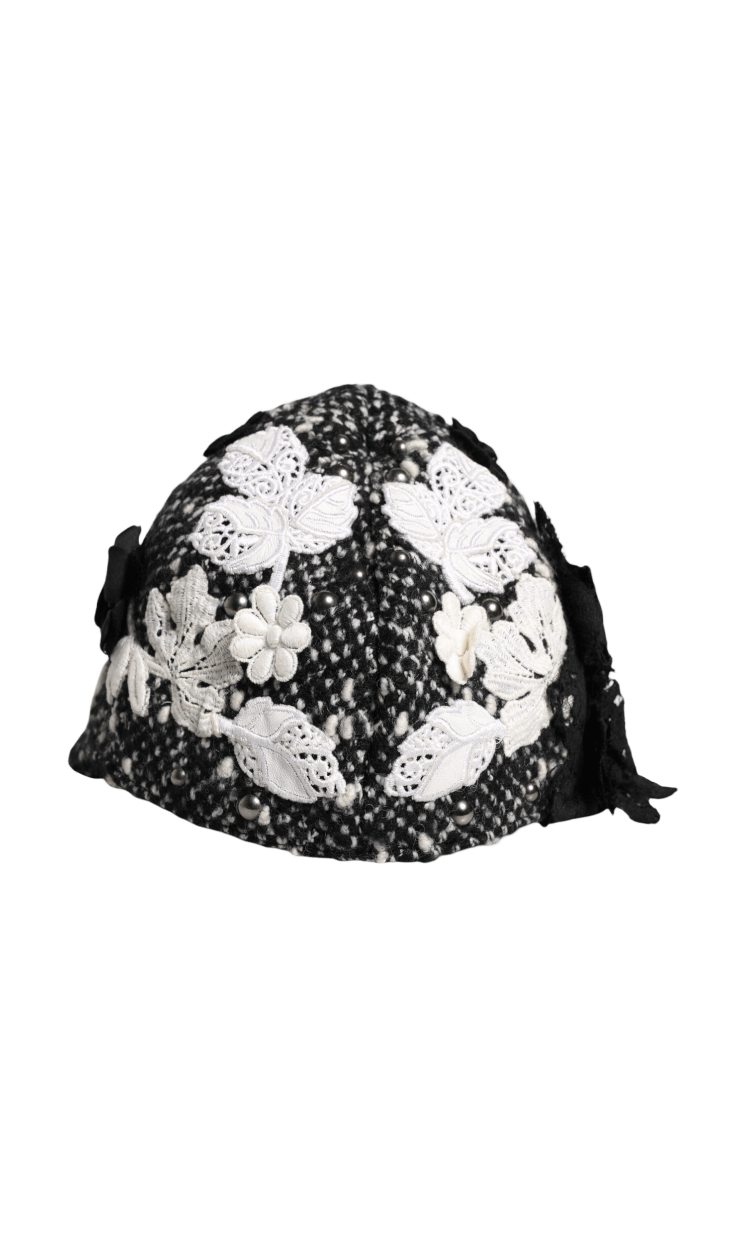 Dolce & Gabbana Black Wool White Floral Embellished Cloche Hat Glam Steals