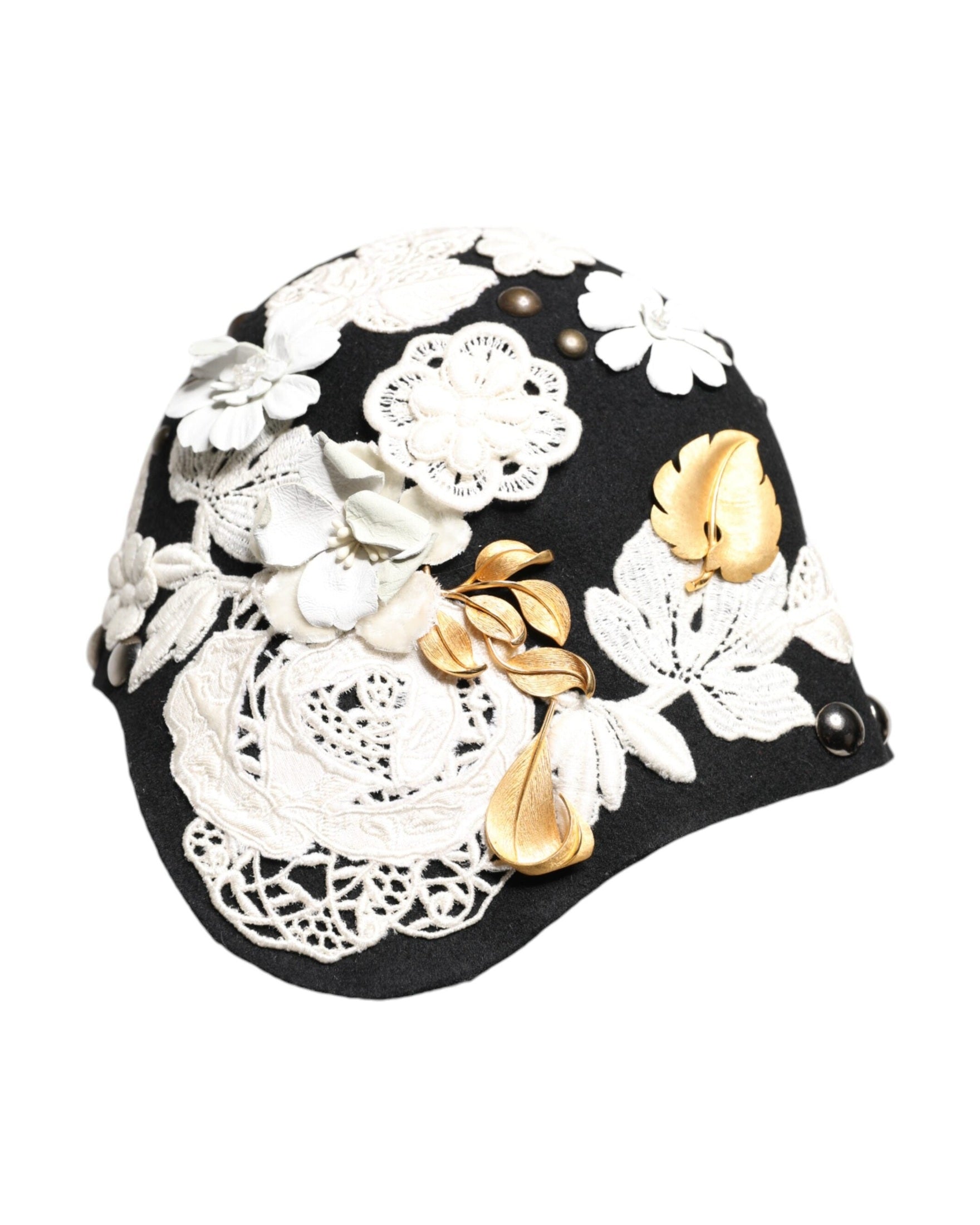Dolce & Gabbana Black Wool White Floral Gold Leaf Cloche Hat Glam Steals