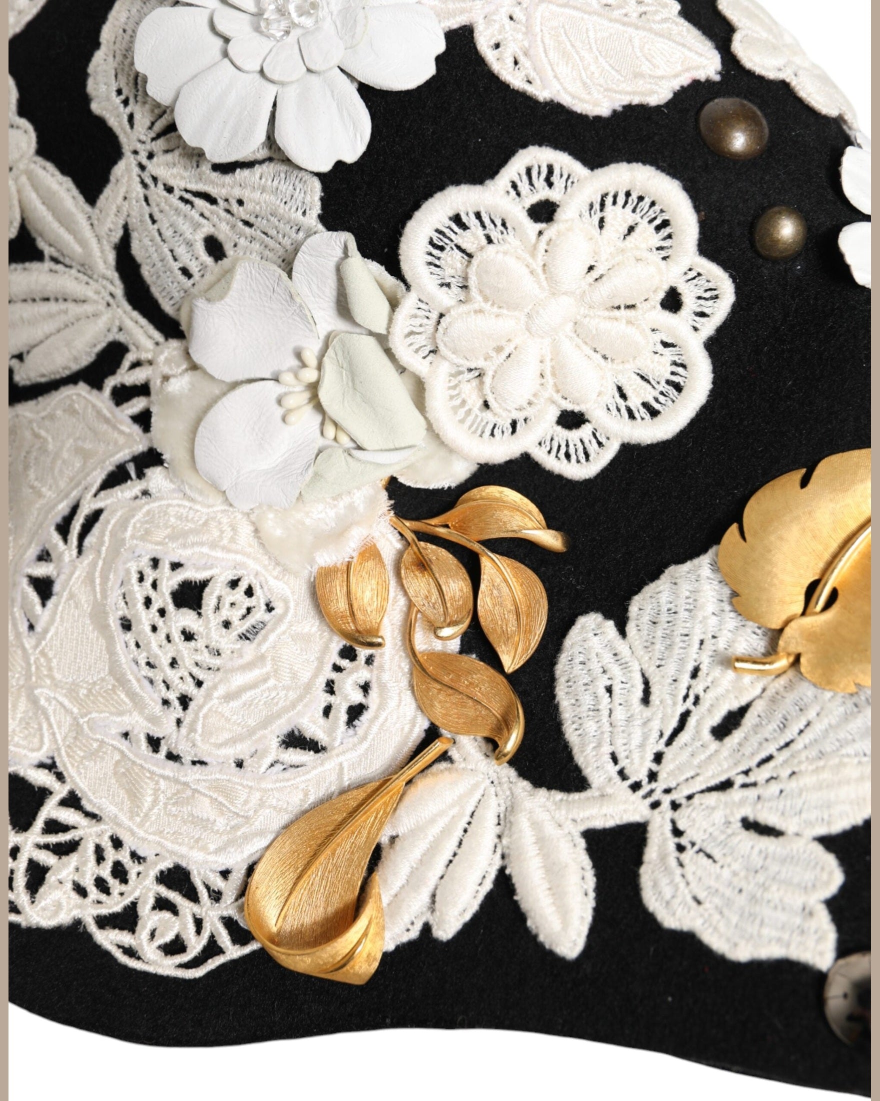 Dolce & Gabbana Black Wool White Floral Gold Leaf Cloche Hat Glam Steals