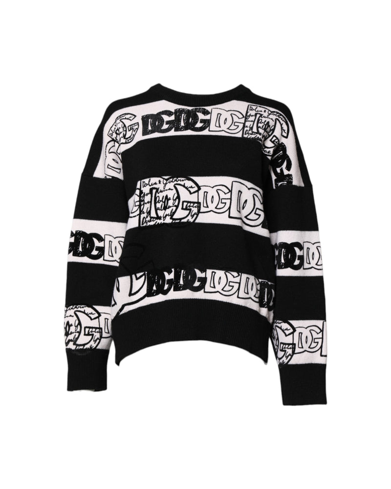 Dolce & Gabbana Black Wool White Logo Print Pullover Sweater Glam Steals